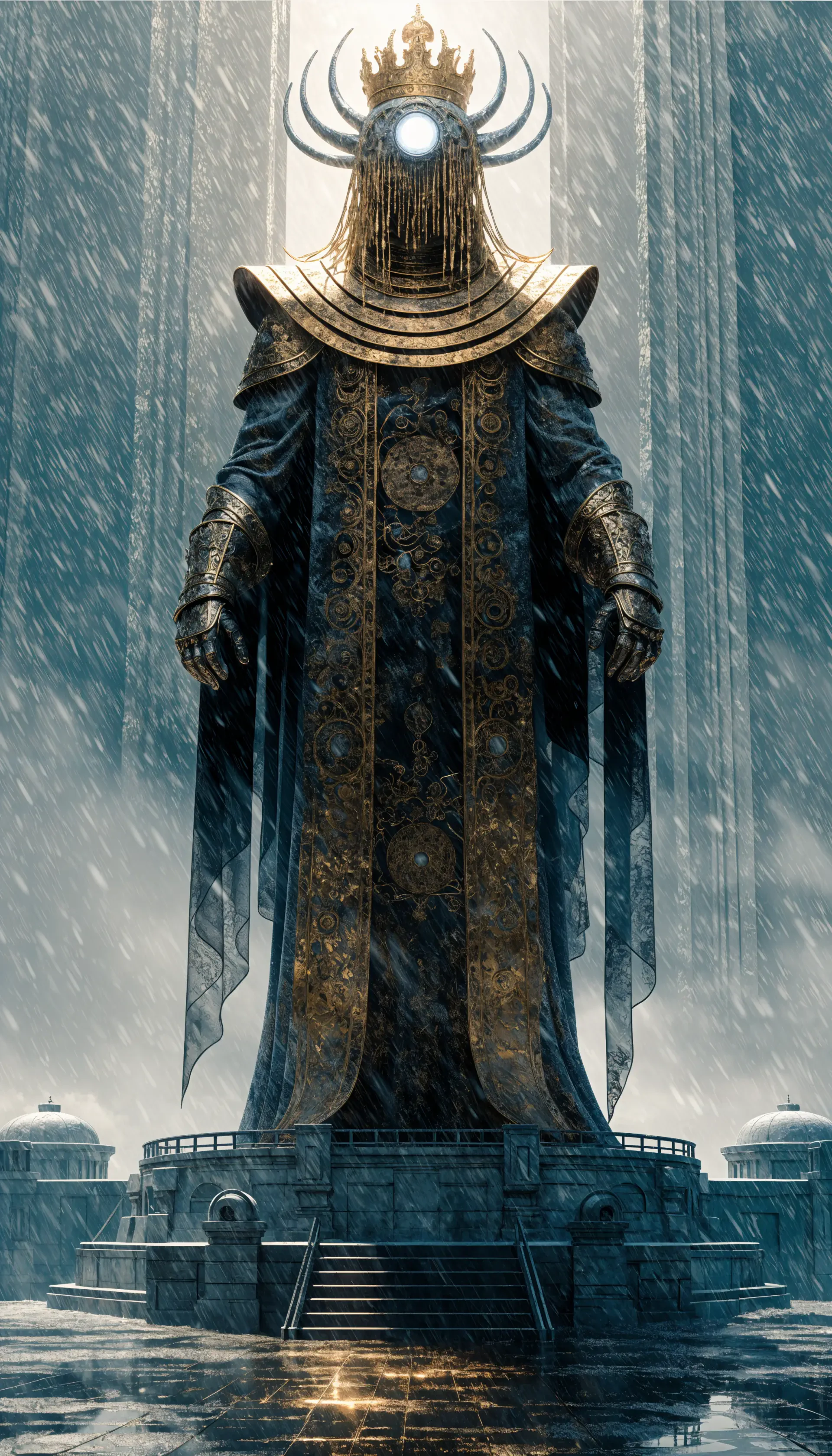 iPhone wallpaper of a towering deity statue in ornate royal armor and crown, a glowing central eye, standing on a rain‑slicked ceremonial pedestal.