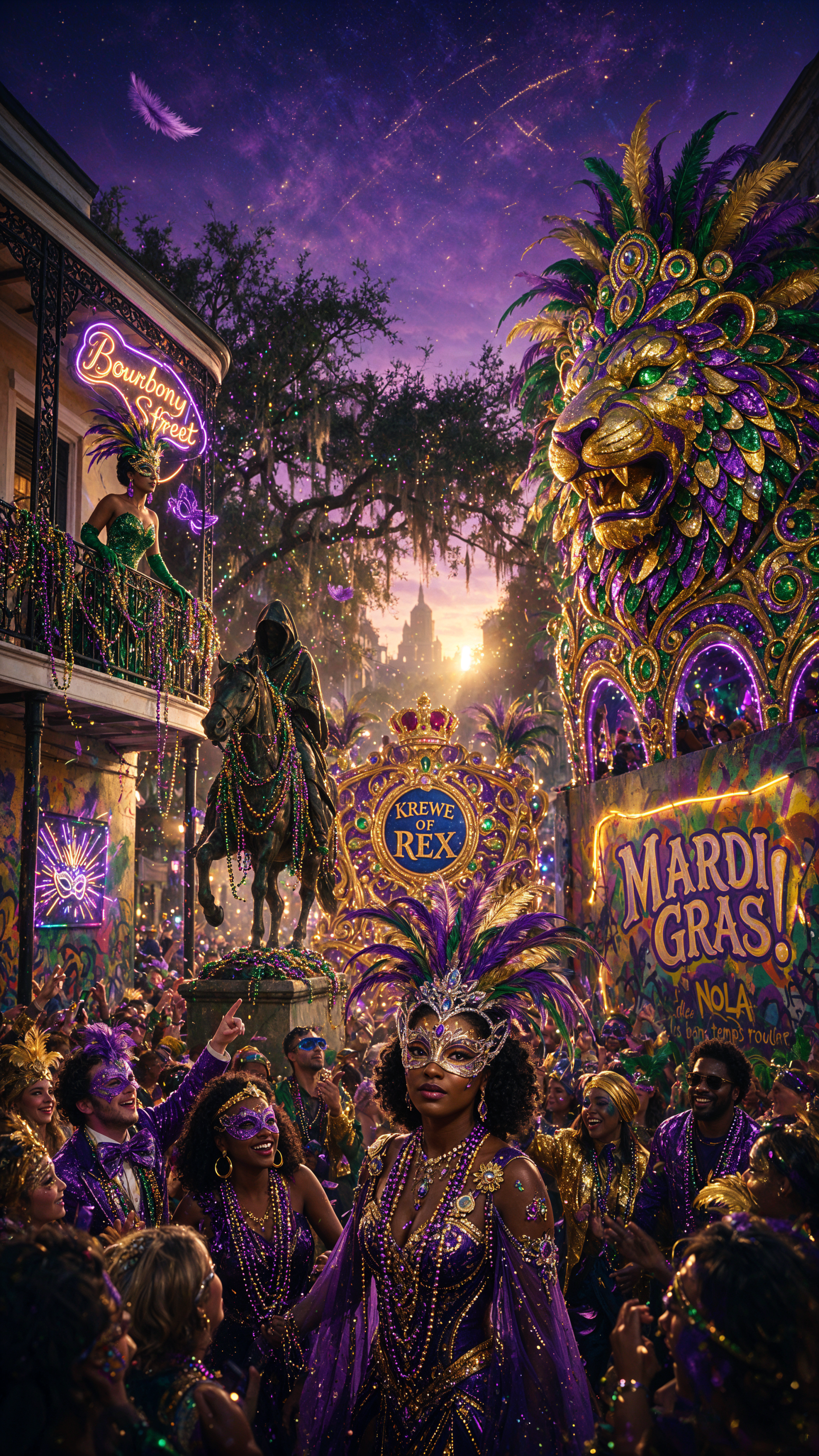 iPhone wallpaper of a Mardi Gras parade: masked revelers, jeweled lion float, Bourbon Street balconies and Krewe of Rex sign at purple dusk.