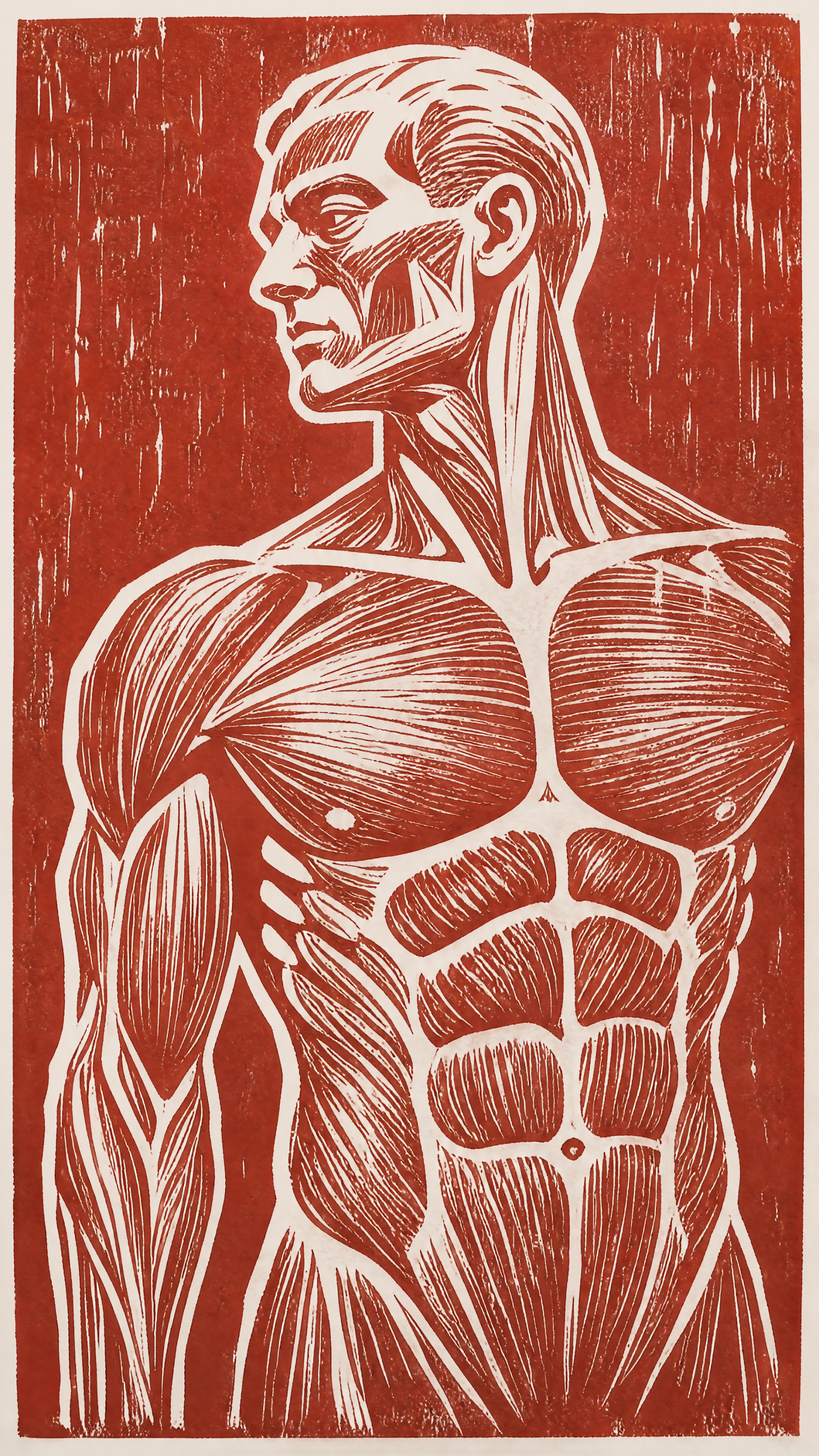 Stylized linocut male torso anatomy showing detailed neck, chest and abdominal muscles in white on red, rendered as a phone/iPhone wallpaper.