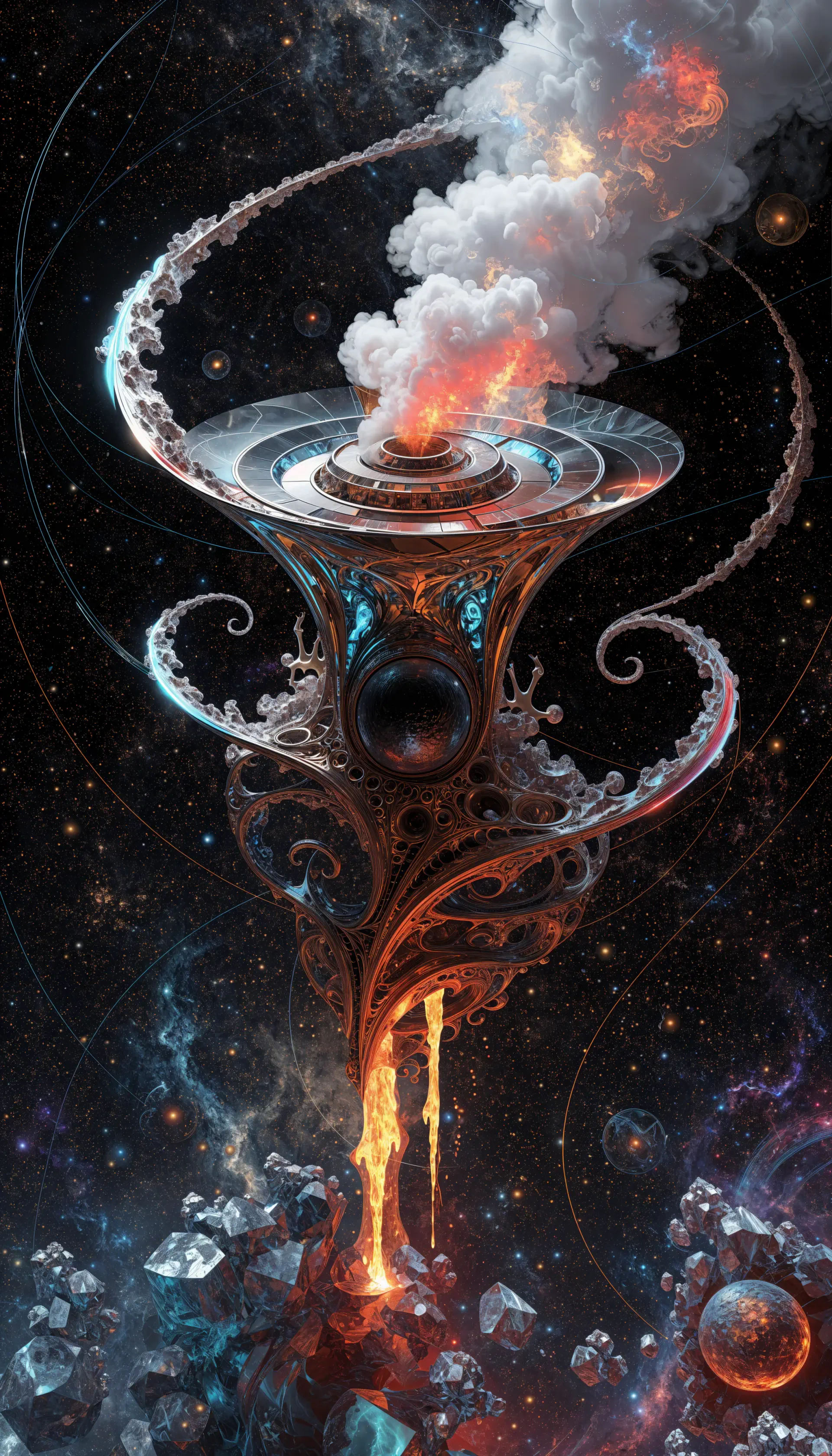 Abstract space-opera iPhone wallpaper: ornate spiraling cosmic tower vents smoke and fire, molten lava pouring onto floating asteroids amid stars and swirling nebulae.