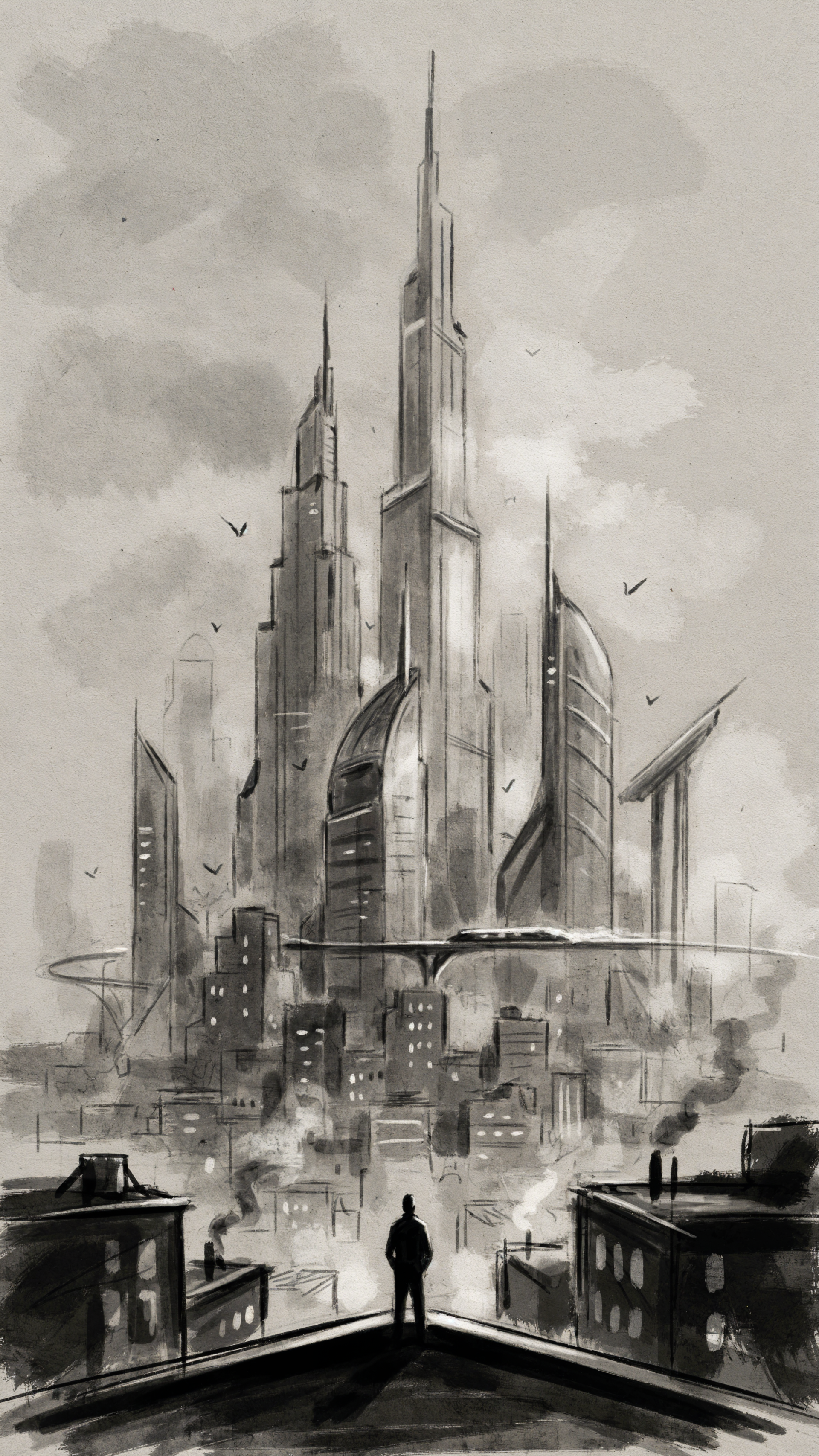 iPhone wallpaper of a monochrome futuristic cityscape: towering skyscrapers and sweeping skyline looming over a silhouetted figure on a rooftop.