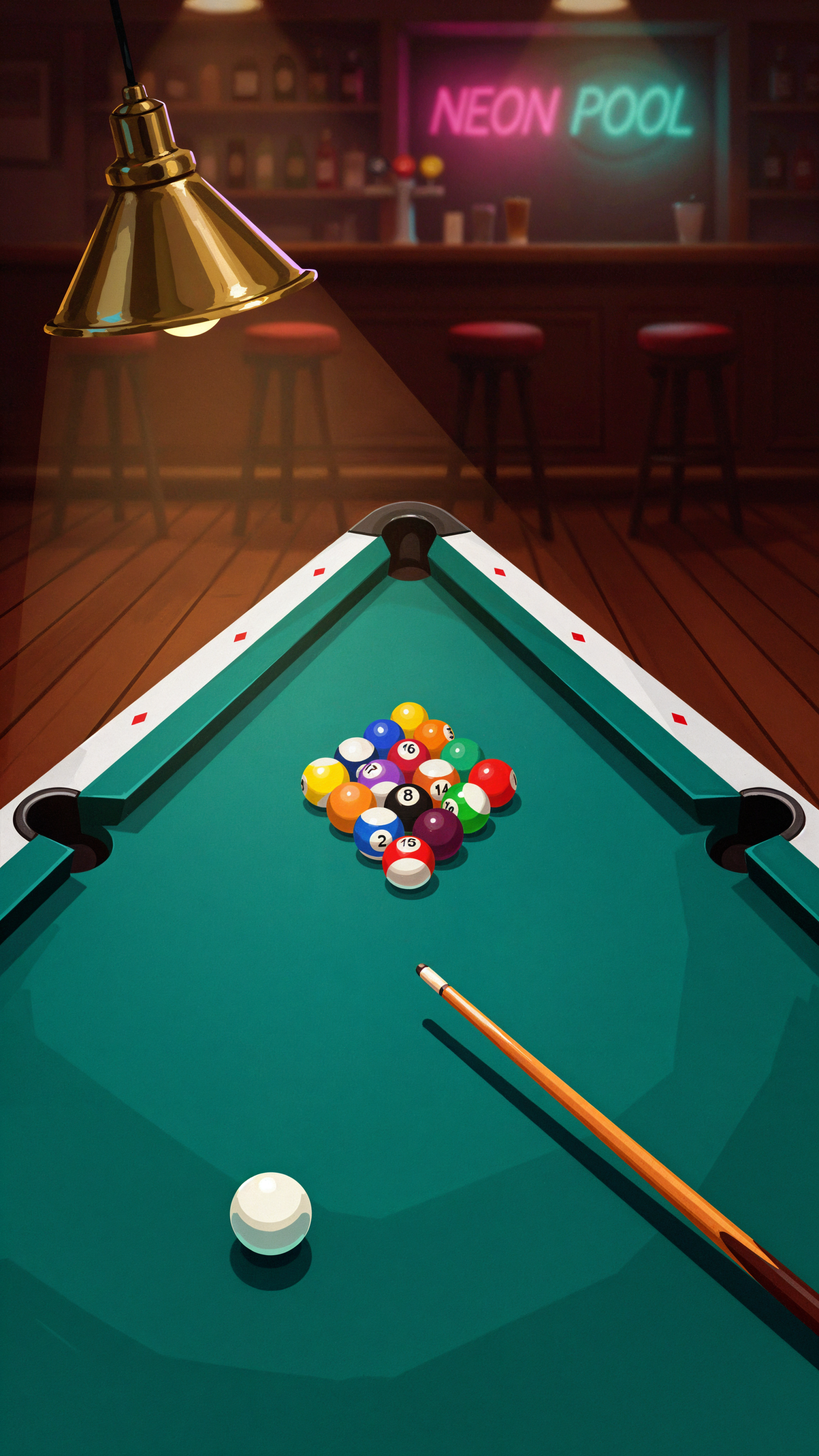 Vertical iPhone wallpaper of a billiards scene: green pool table with racked balls, cue stick and cue ball under a hanging lamp, bar background with neon NEON POOL sign.