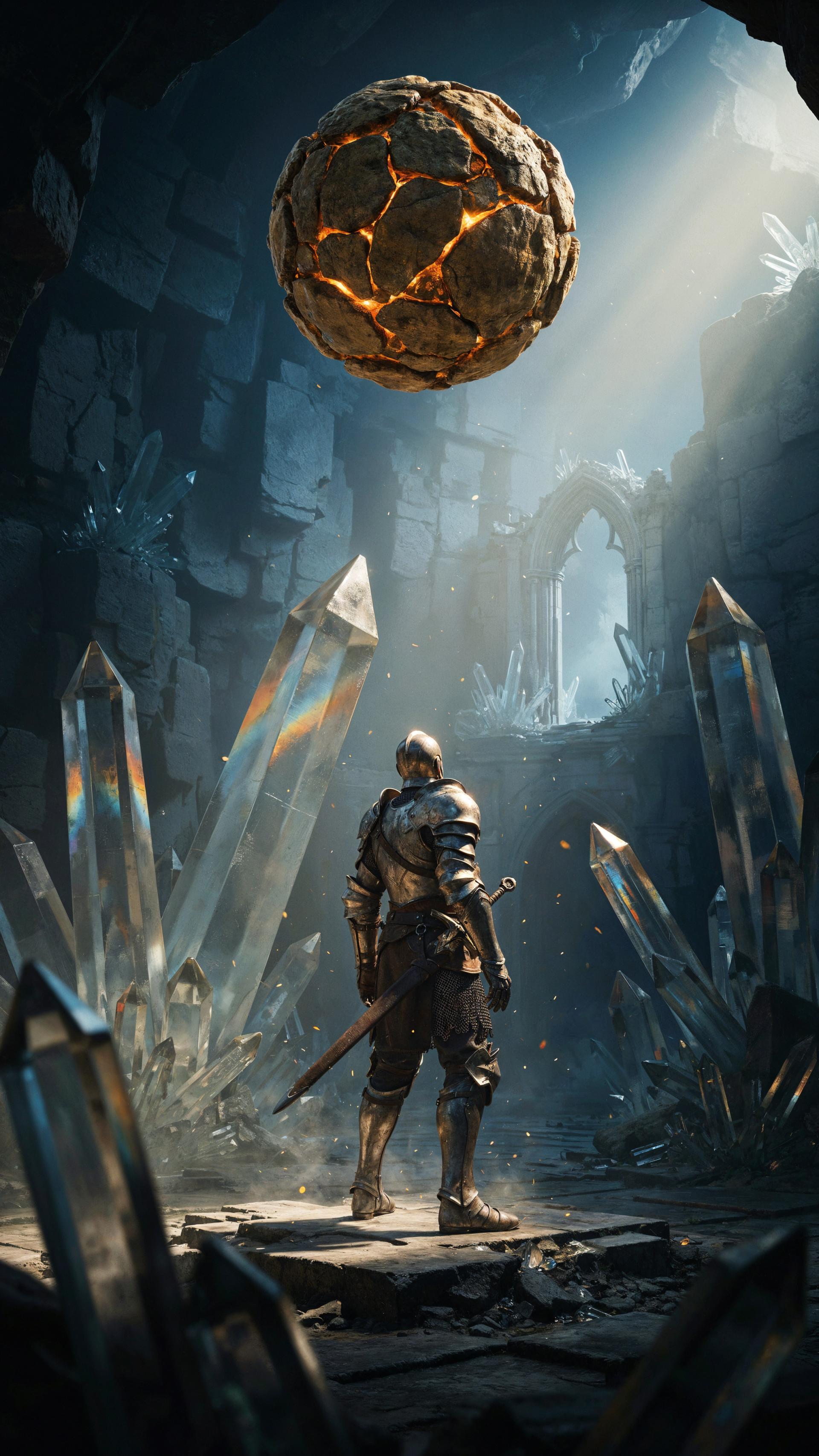 iPhone wallpaper: armored warrior stands among towering crystals in a shadowy cave, staring up at a cracked, glowing orb suspended in midair.