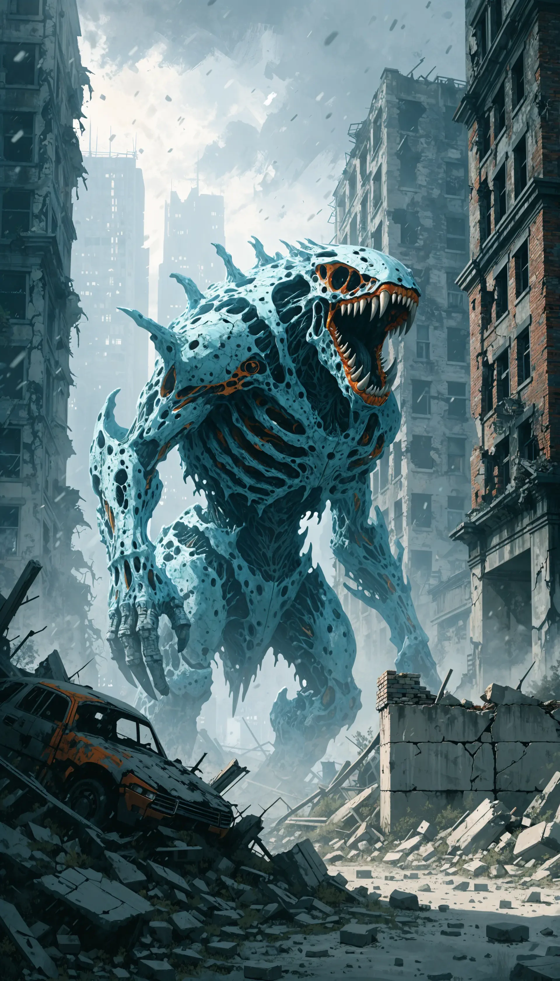 iPhone wallpaper of a towering blue spiky monster roaring down a ruined city street, jaws agape amid crumbling skyscrapers, smashed cars, and scattered debris