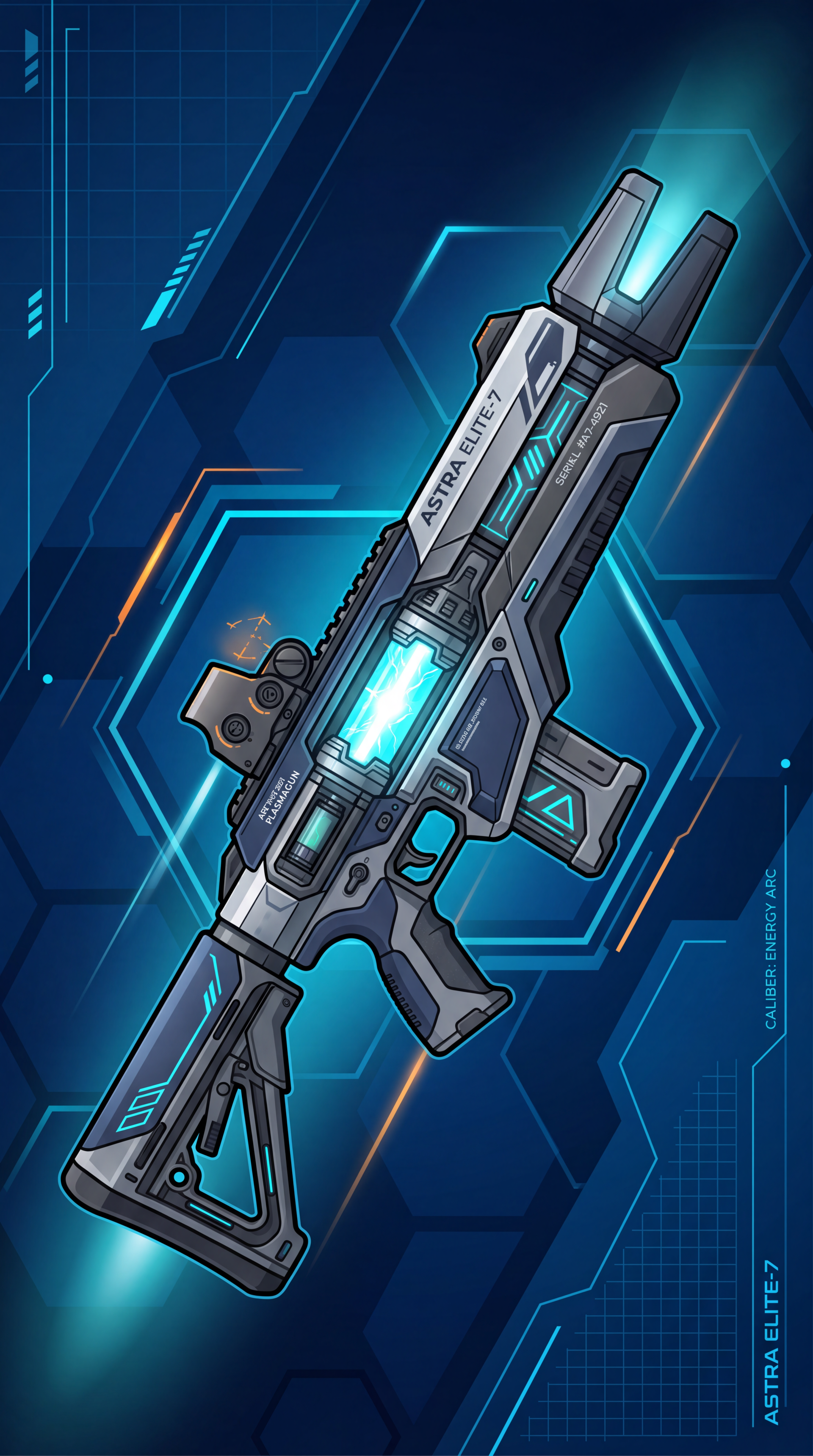 Phone wallpaper showing a futuristic rifle with glowing blue energy core against a digital hex-grid background, labeled ASTRA ELITE-7.