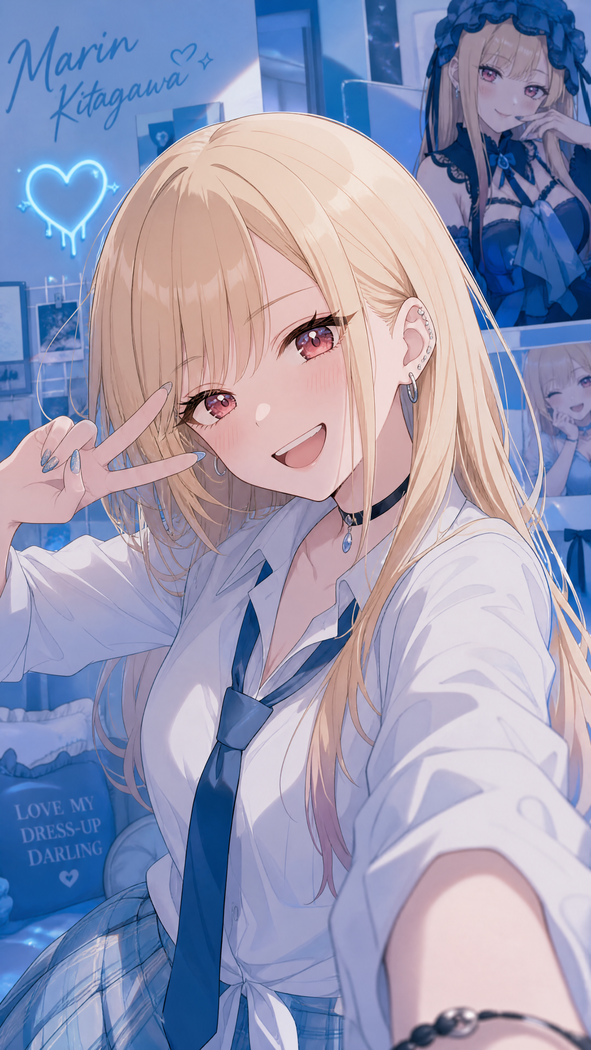 Phone wallpaper selfie of Marin Kitagawa (anime girl): blonde hair in a school uniform and tie, flashing a peace sign and smile against a blue, poster-filled background.
