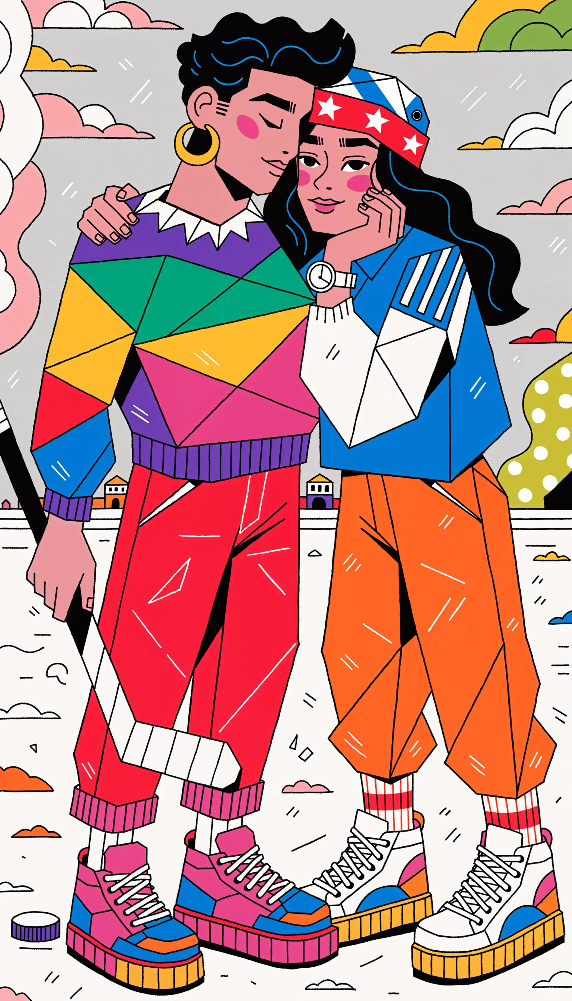 Vibrant iPhone wallpaper: a hockey-romance couple embraced on snowy ice, colorful retro outfits, puck and stick at their feet, playful loving expressions.