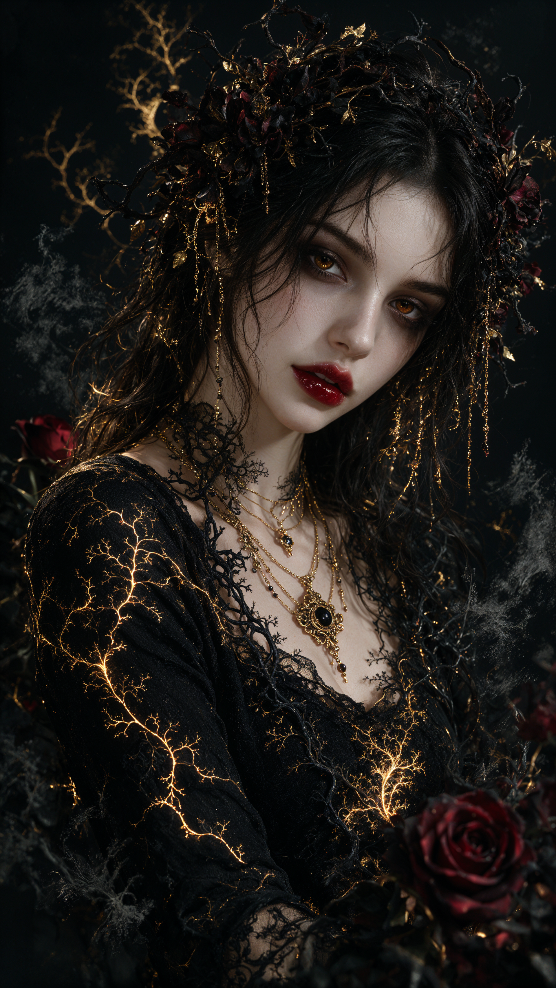 Dark coquette portrait of a gothic woman with crimson lips, black lace, gold-veined tendrils and roses — moody iPhone wallpaper.