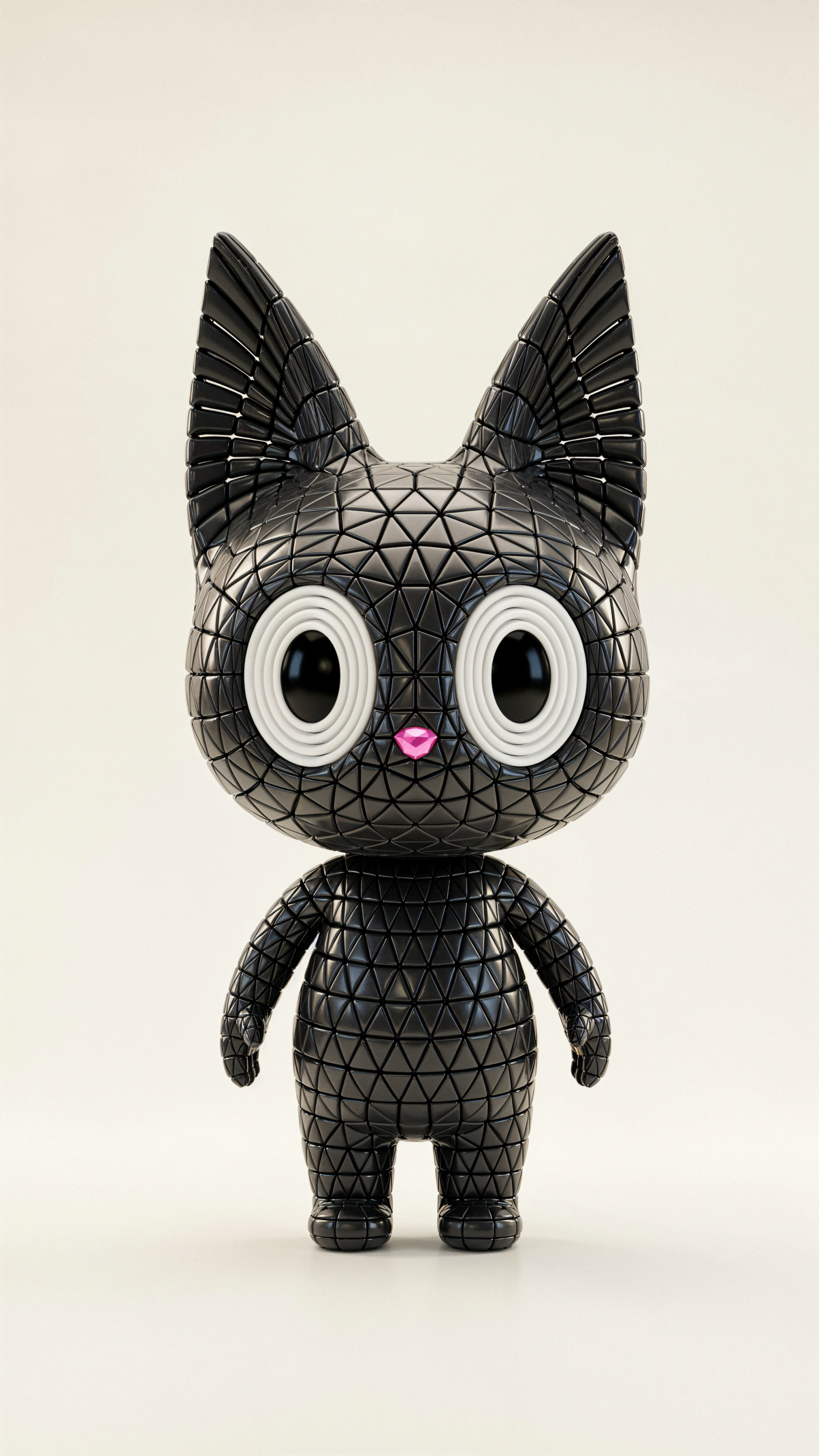 iPhone wallpaper featuring a black Chococat toy cat figurine with a geometric textured body, oversized white eyes and a pink nose on a neutral background.