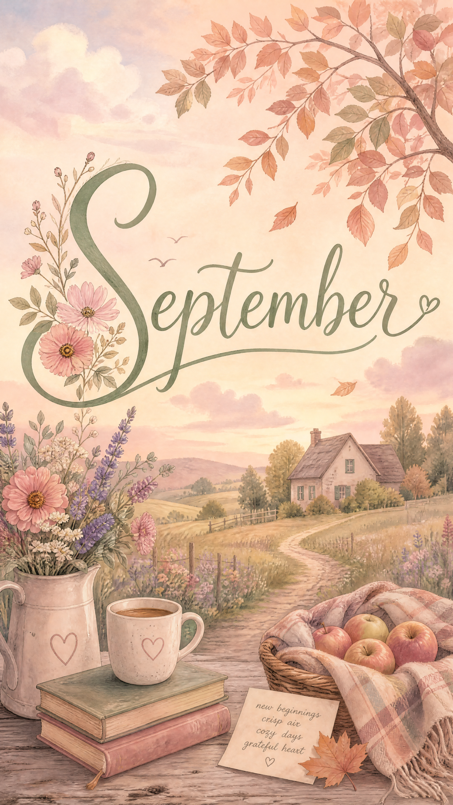 iPhone wallpaper: September hand-lettered over a soft autumn countryside—basket of apples, blooming flowers, steaming mug, books and a cozy cottage.