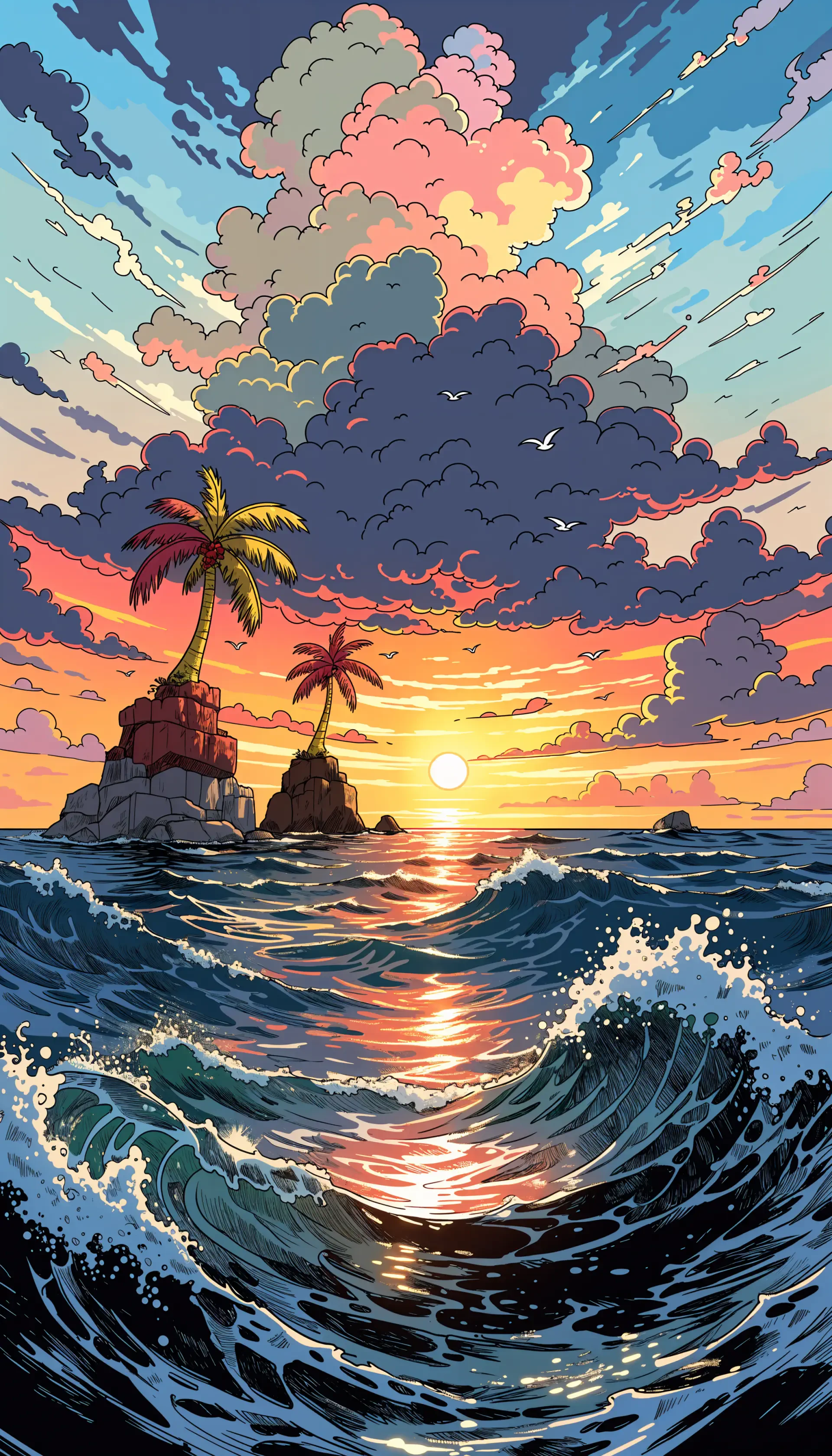 iPhone wallpaper of a tropical sunset over the ocean: towering waves rushing toward two palm-topped islands beneath dramatic, colorful clouds.