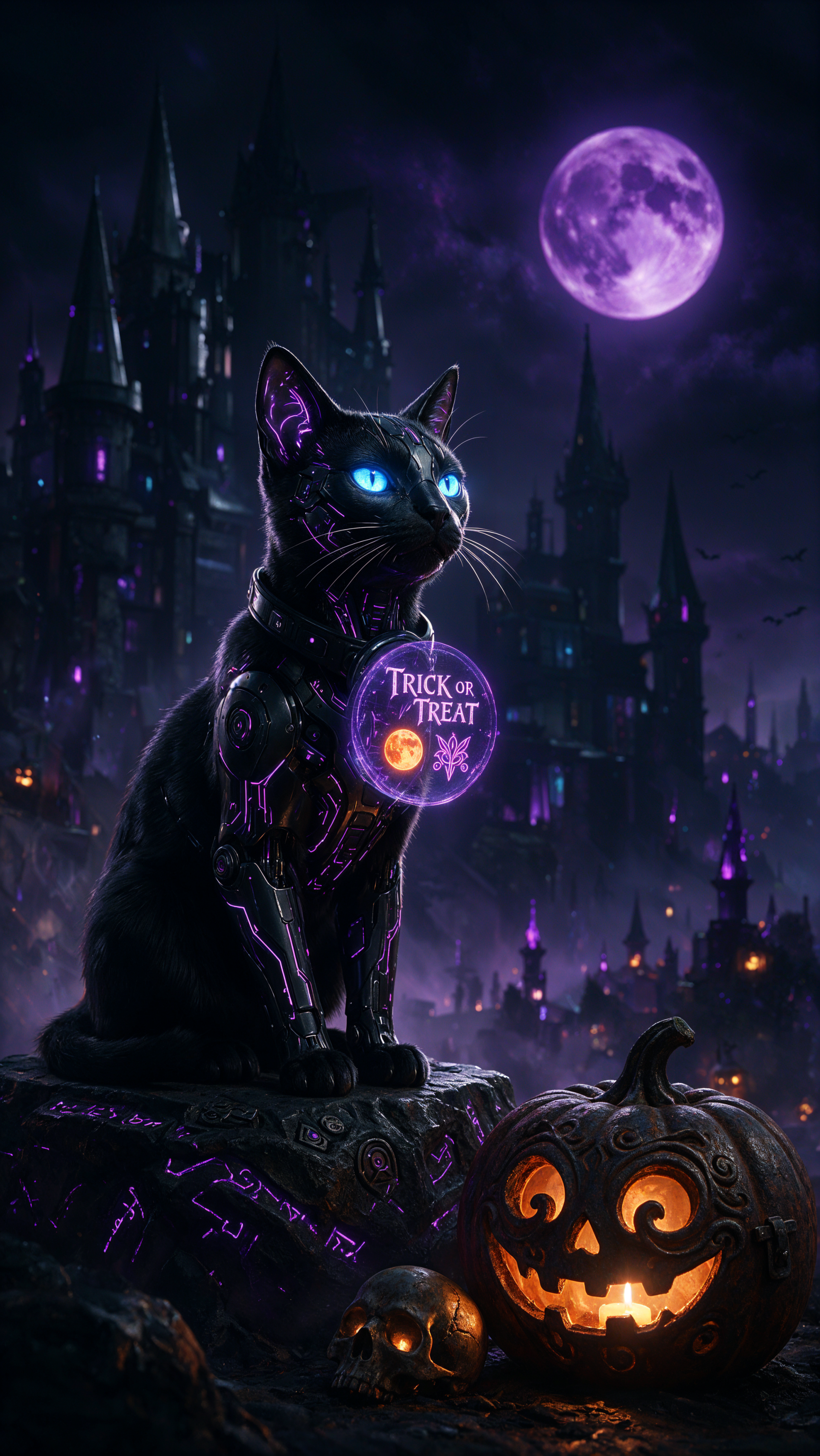 iPhone wallpaper: a glowing-eyed black Halloween cat wearing a Trick or Treat pendant, seated by a grinning pumpkin beneath a purple moon and haunted castle.