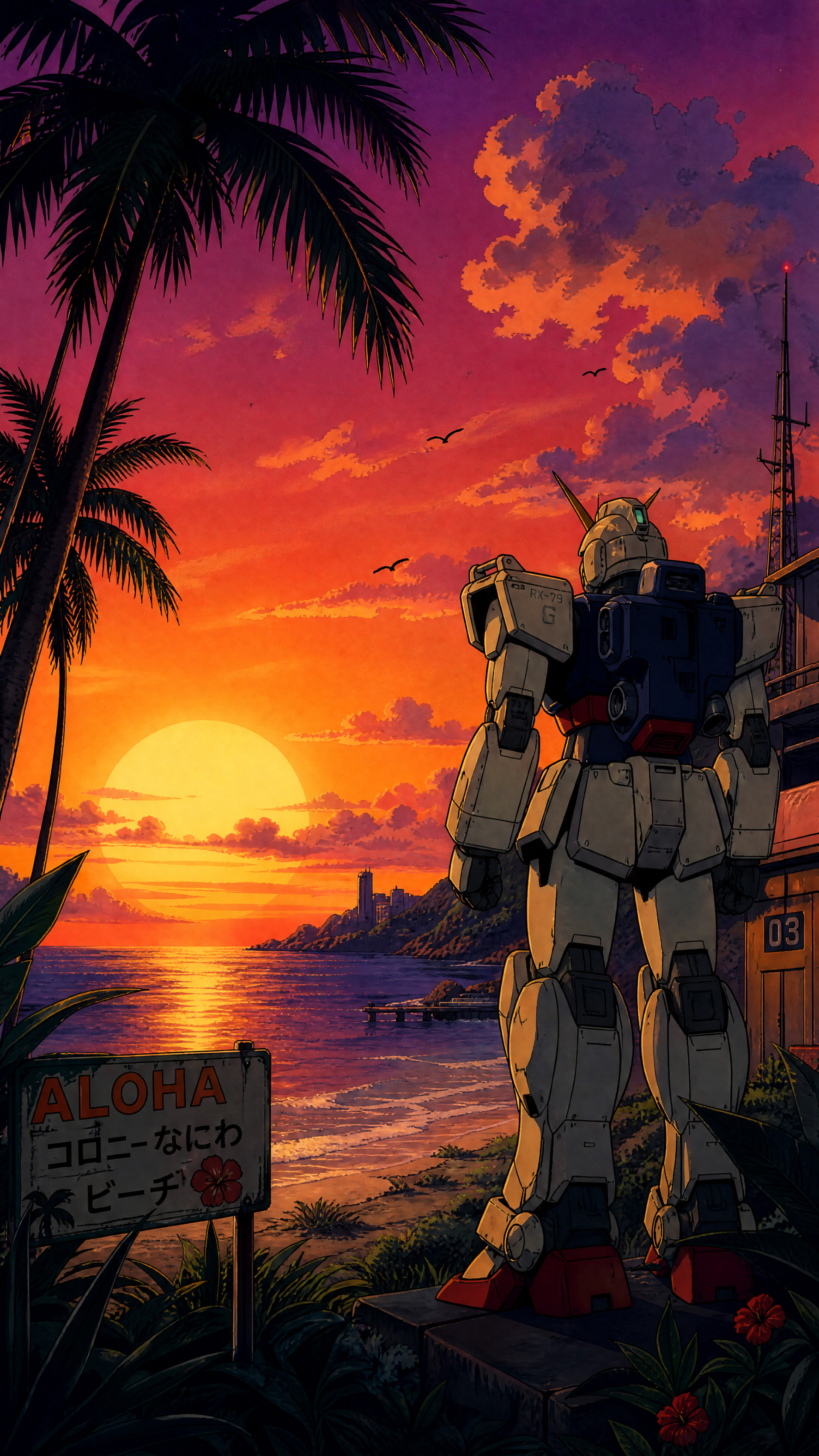 iPhone wallpaper: tropical sunset on a beach with palm trees and coastal trees, a towering mech silhouetted against the glowing orange-purple sky.
