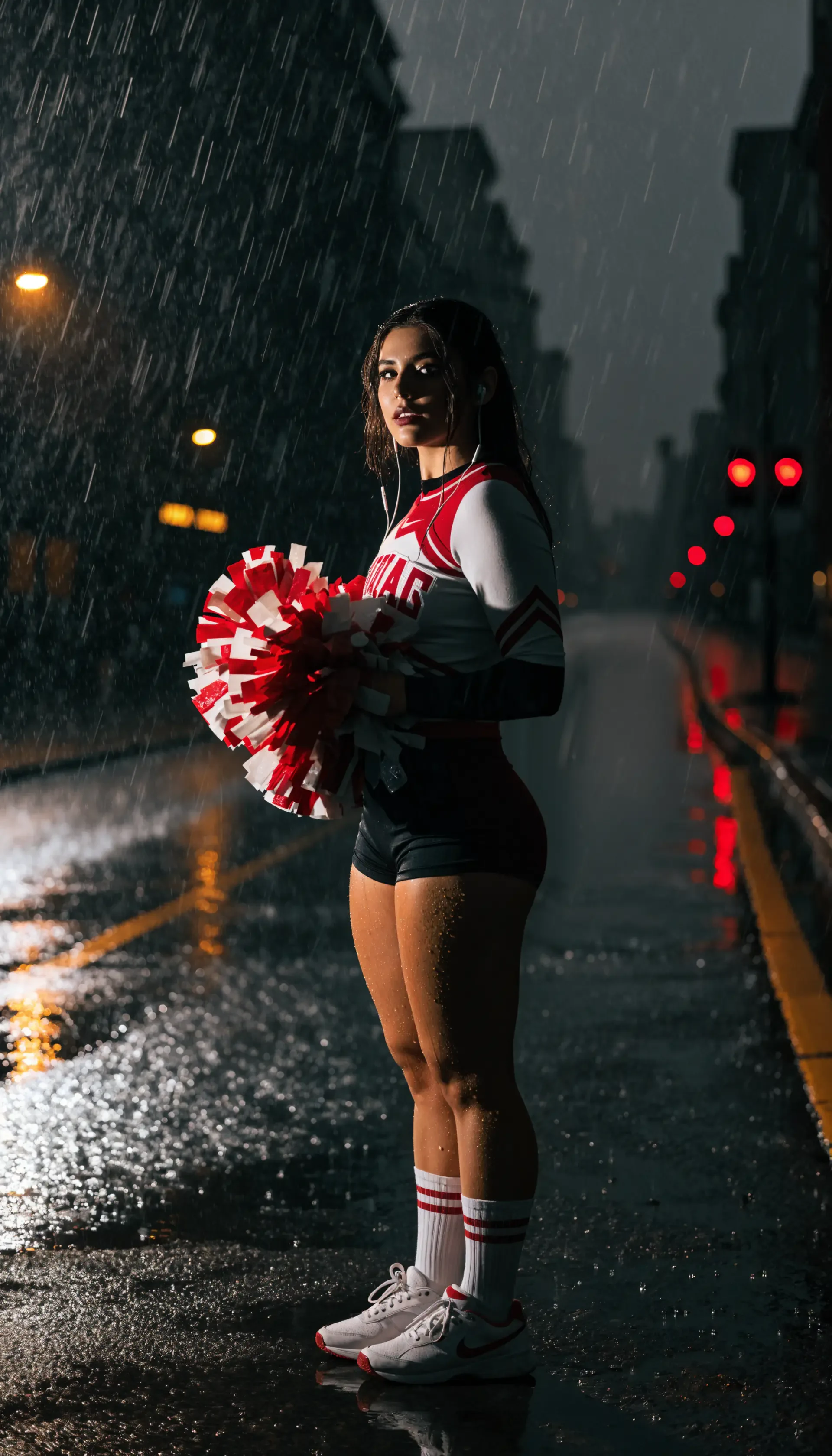 Vertical iPhone wallpaper — cheerleader in a red uniform holding a red-and-white pompom, standing in heavy rain on a dark, wet city street with blurred lights.