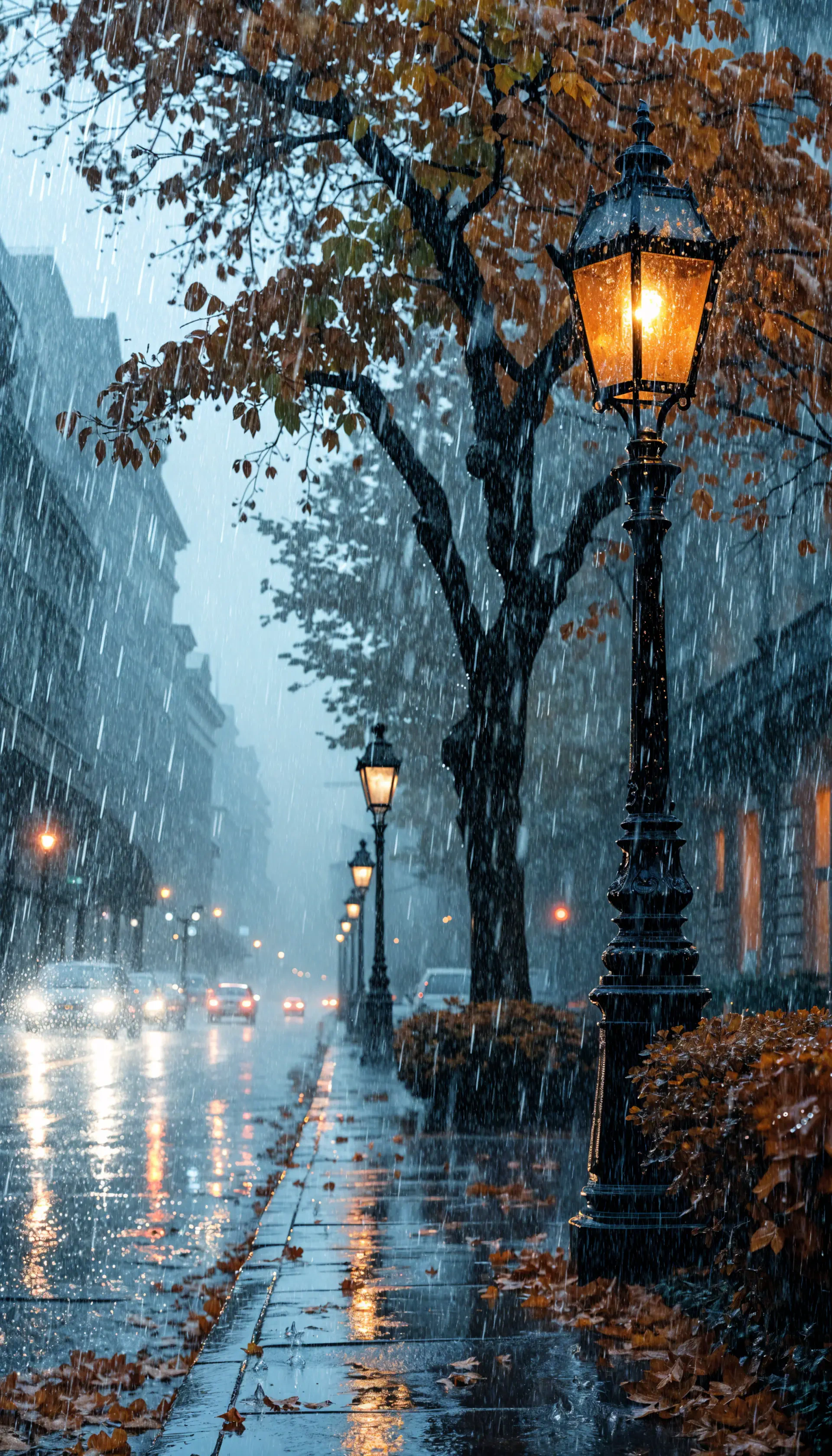 iPhone wallpaper: a rainy fall street lined with glowing street lights and wet trees, autumn leaves on the slick pavement reflecting soft lamplight.