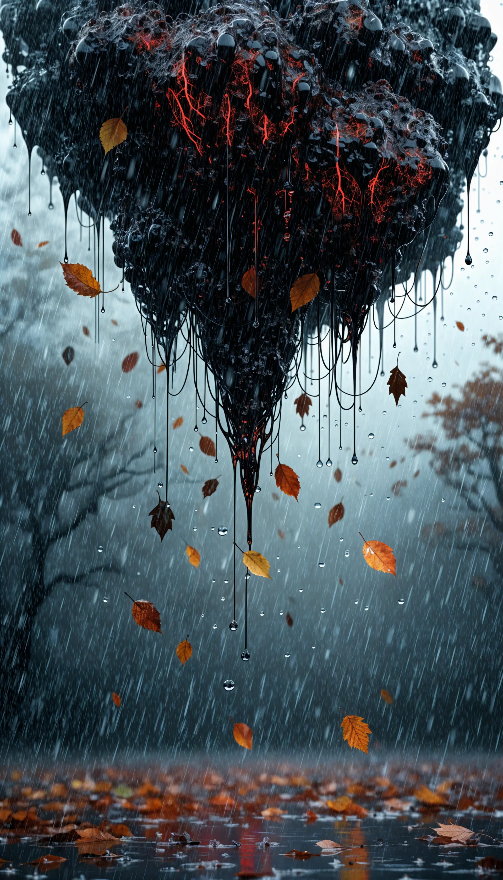 Abstract iPhone wallpaper: a dark, dripping floating mass with glowing red veins as rain pours and orange autumn leaves fall against a foggy background.