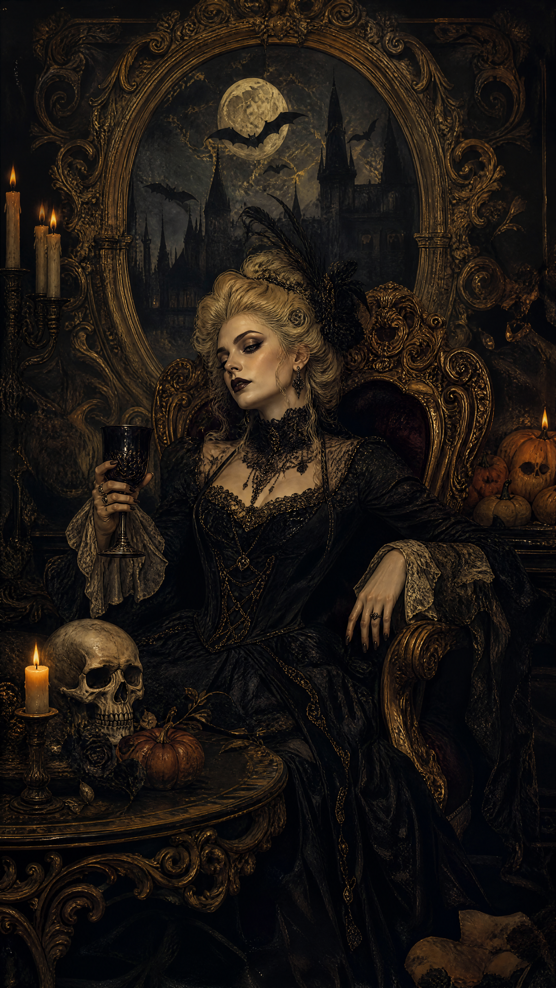 Gothic Halloween iPhone wallpaper: portrait of an elegant pale woman in black lace, seated with a goblet amid skulls, candles, and a moonlit castle.