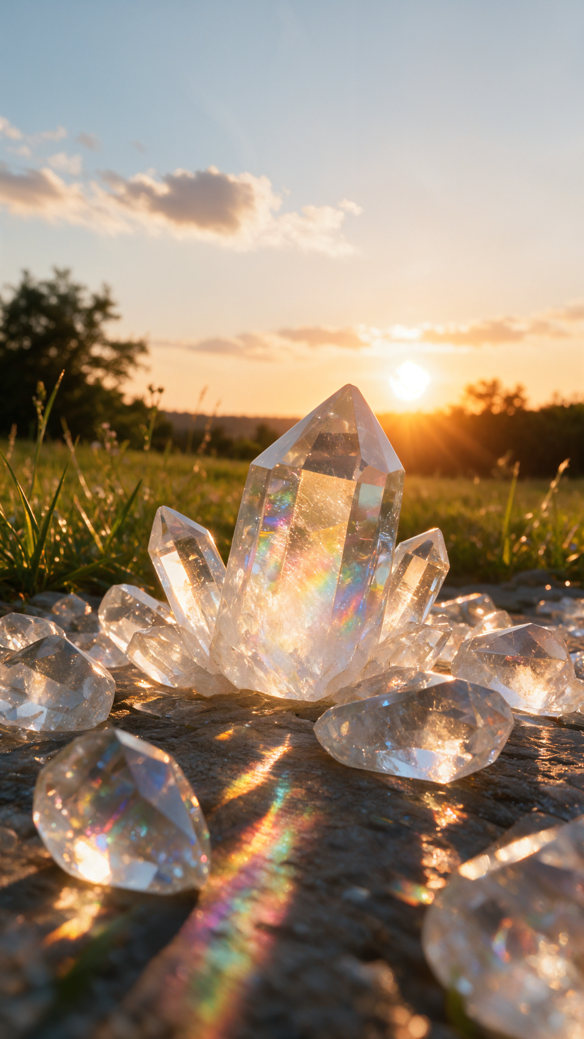 iPhone wallpaper: clear quartz crystals and gemstones on a stone, sun setting over a summer field, warm glow and rainbow prisms scattering from the sunset light.