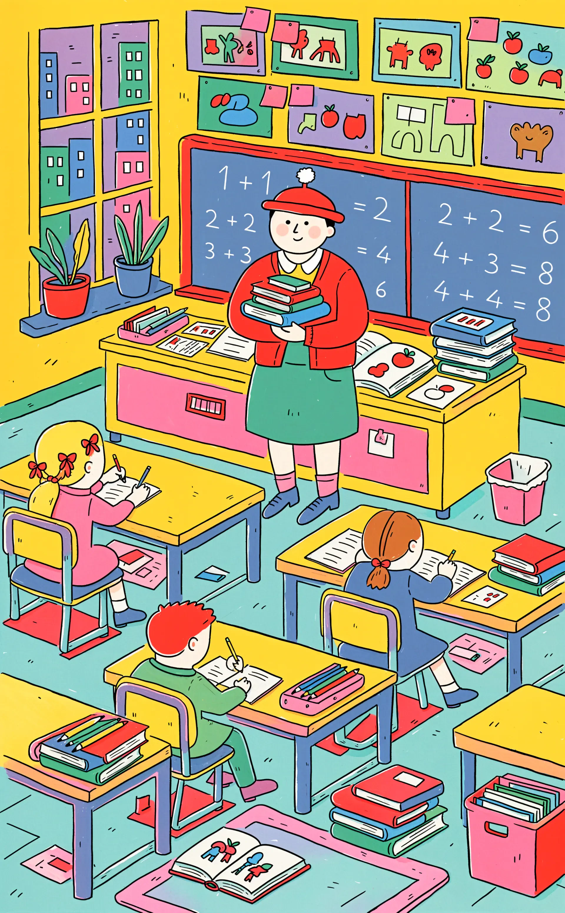 Cute school iPhone wallpaper: a colorful classroom with a teacher holding books and students at desks, chalkboard with simple math and playful wall art.