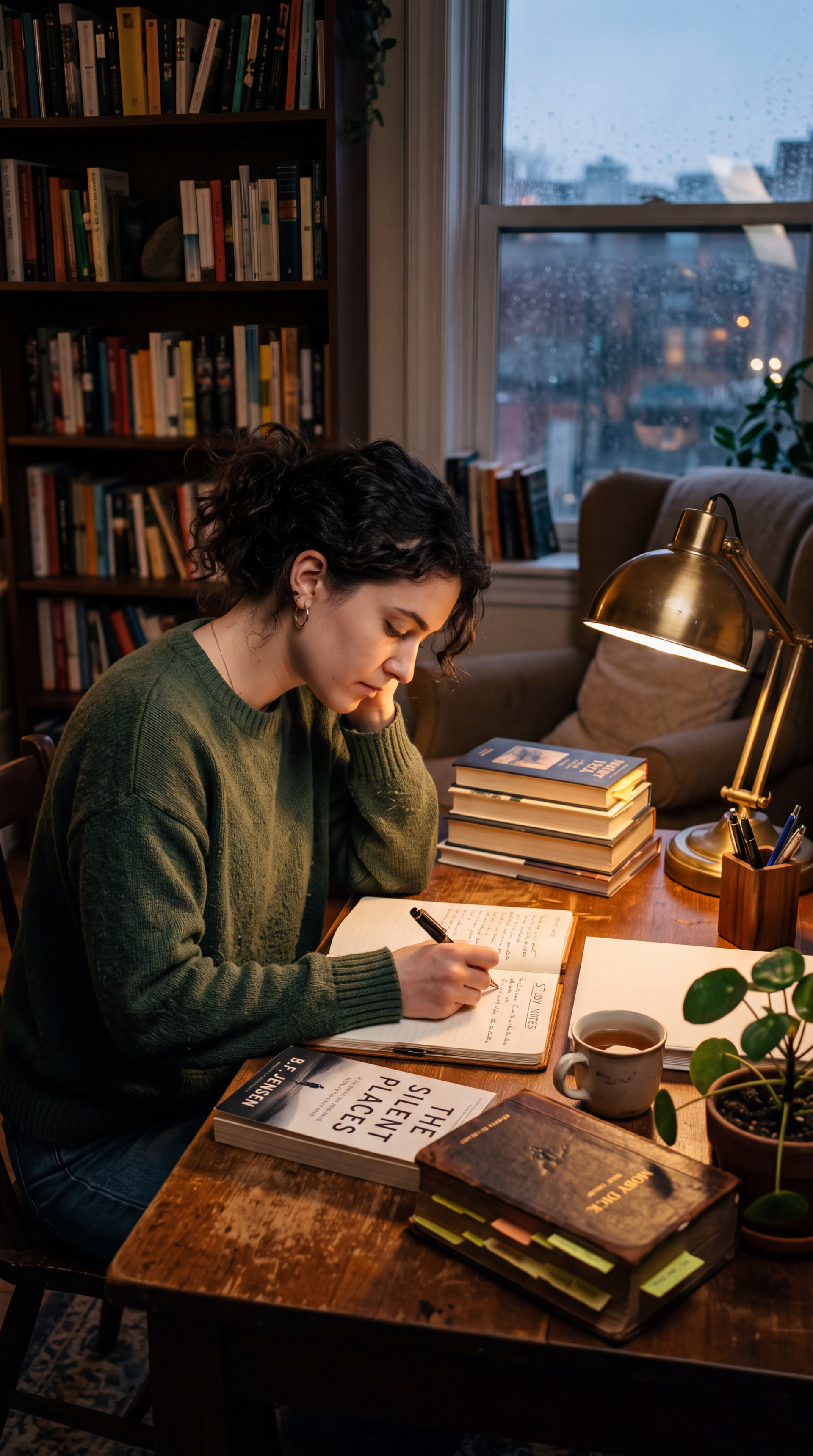Portrait-oriented iPhone wallpaper of a woman writing at a cozy desk surrounded by books, a lamp, mug, and a window — warm study aesthetic.