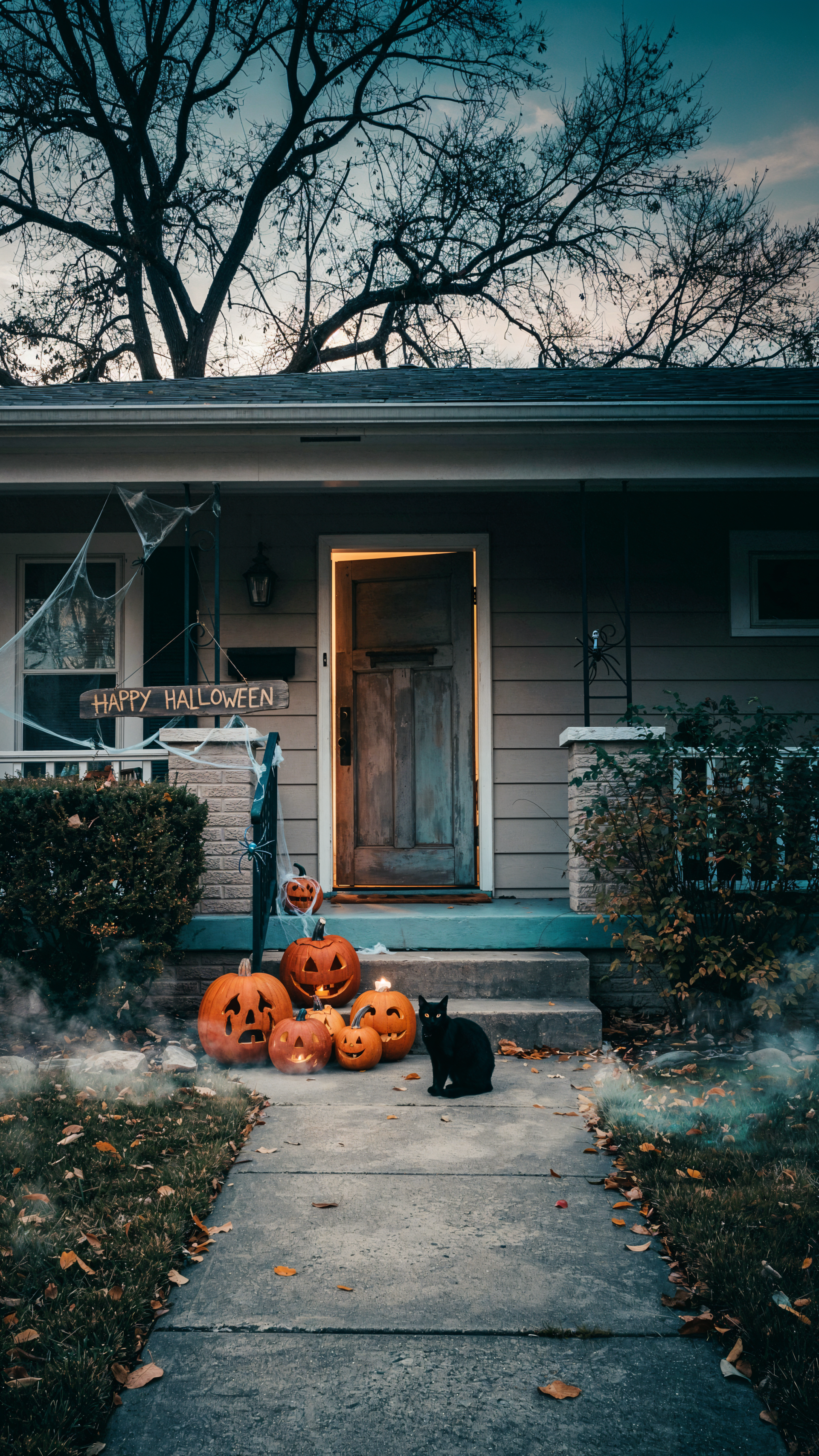 iPhone wallpaper: moody Halloween house porch with glowing jack-o'-lanterns, a black cat on the walkway, cobwebs and fog under bare trees.