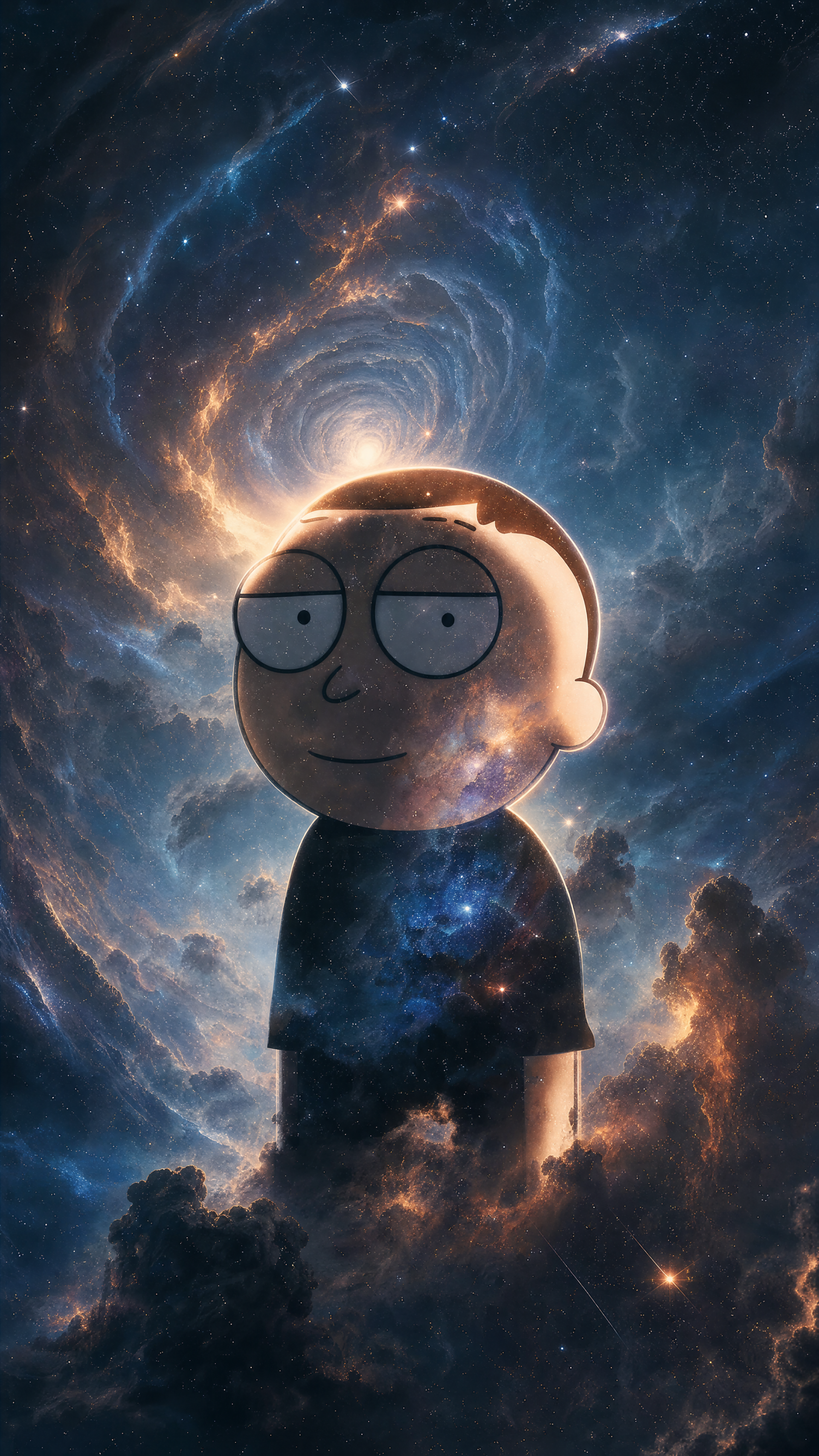 Gucci Morty (meme) portrait amid a swirling galaxy and nebula clouds, star-filled torso and cosmic spiral halo—vertical phone/iPhone wallpaper.