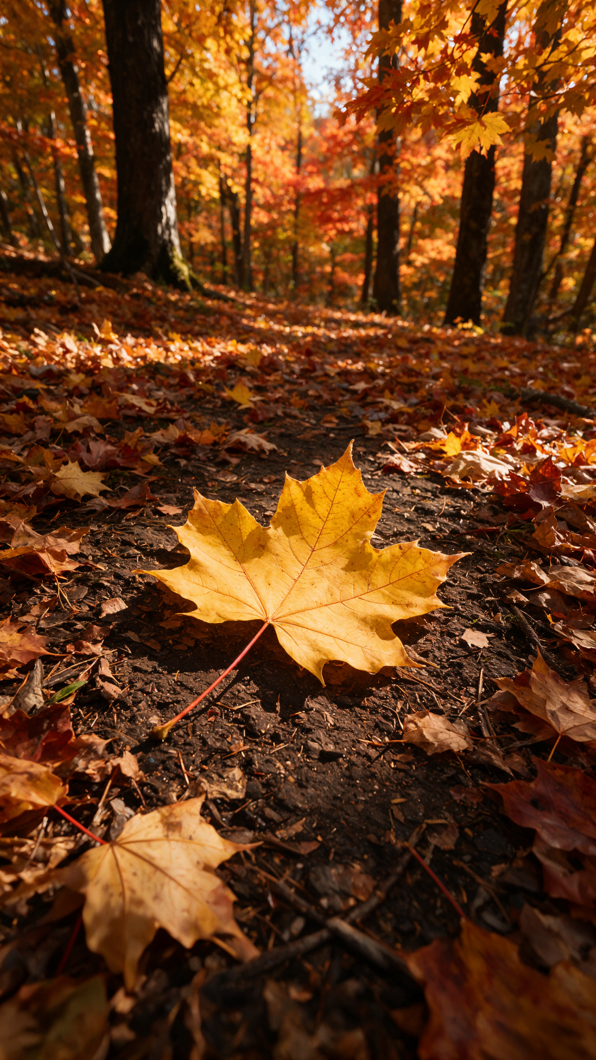 Vertical iPhone wallpaper showing a golden maple leaf on the forest floor, sunlit Autumn trees and scattered leaves around, warm colors and cozy fall aesthetic.