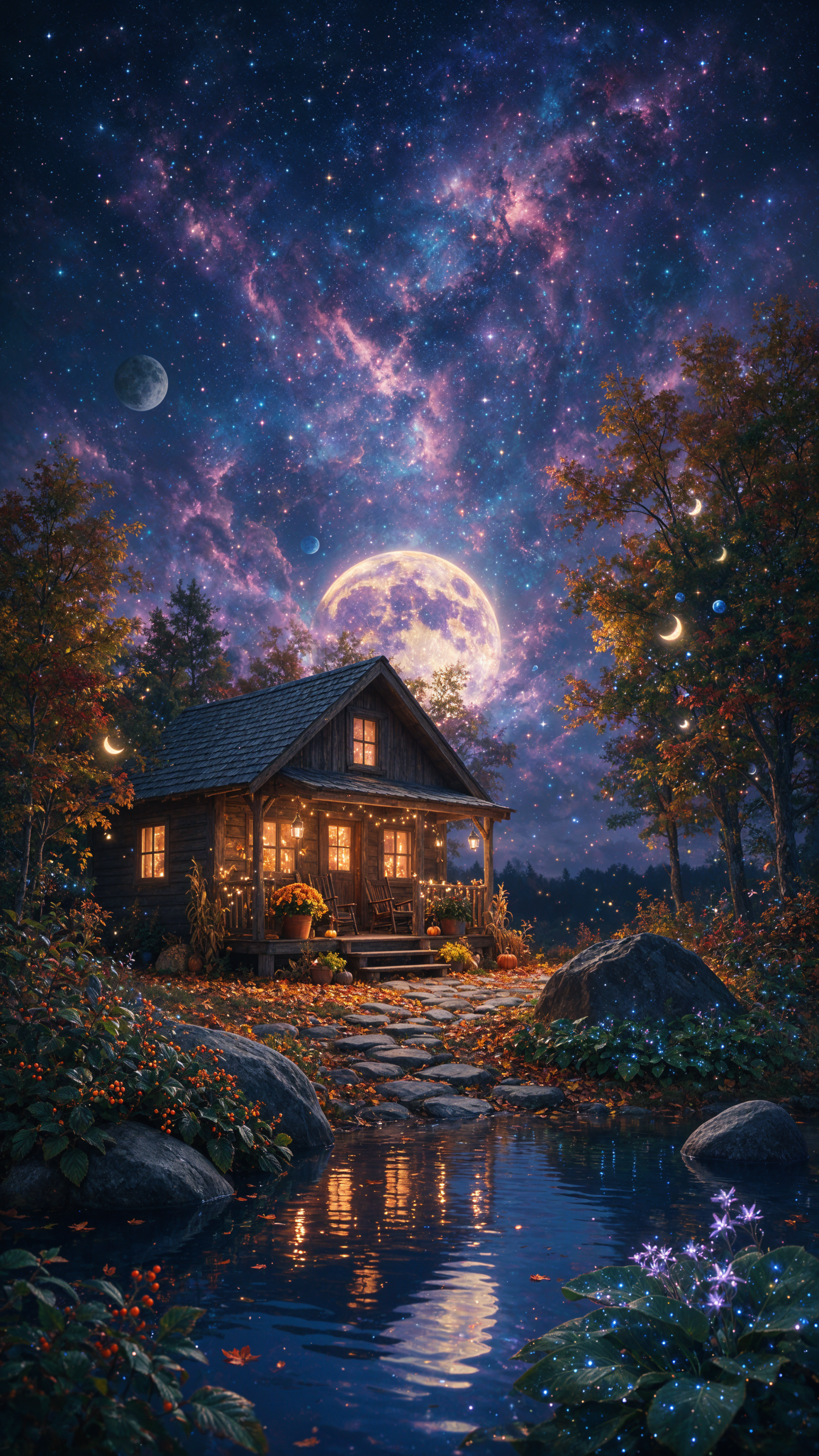 Phone wallpaper: cozy fall cabin cottage by a reflective pond, warm-lit windows beneath a luminous moon and star-filled night sky.