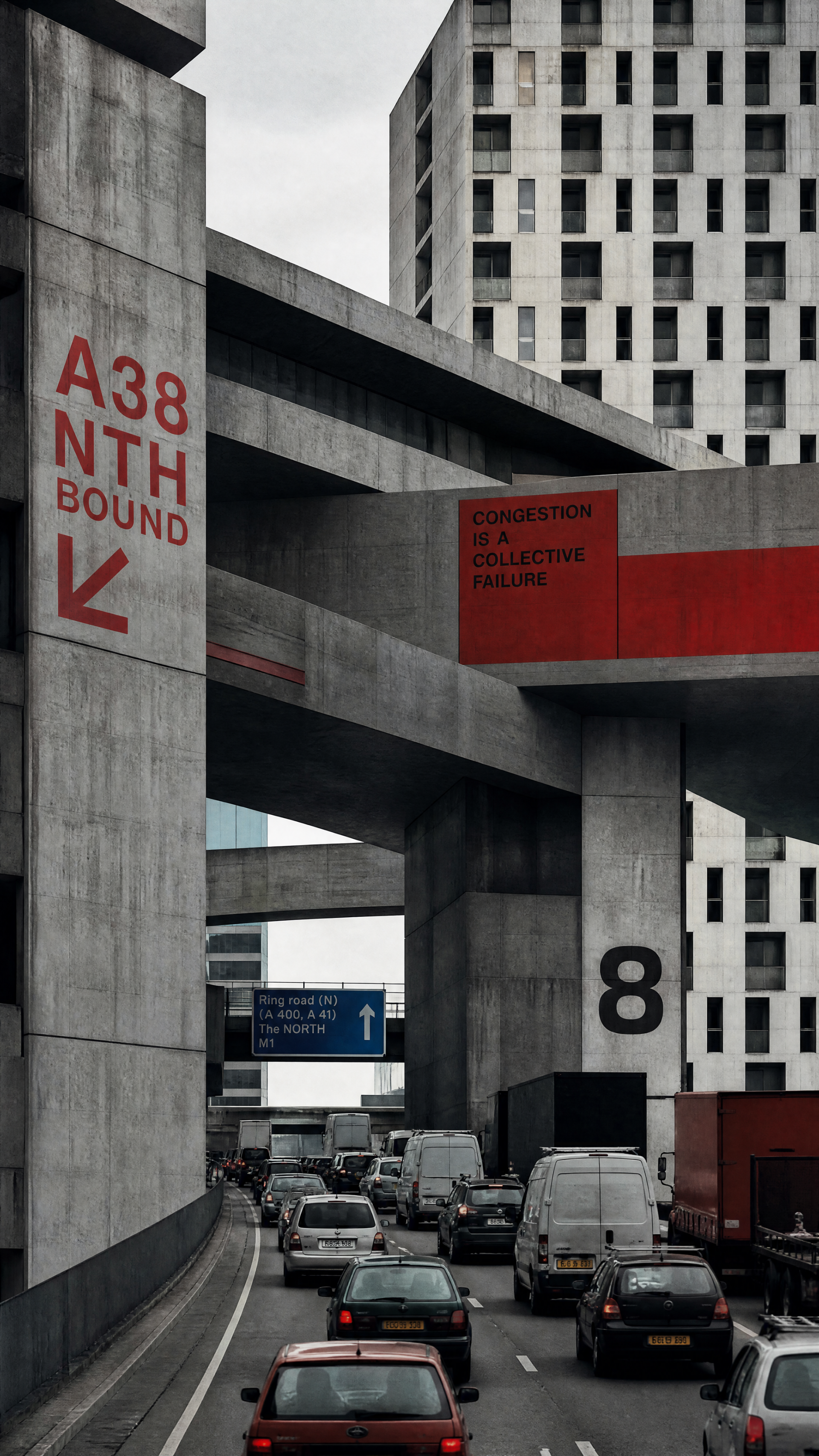 iPhone wallpaper: congested traffic on an urban highway beneath concrete overpasses, cars filling the road against a blocky high-rise backdrop.