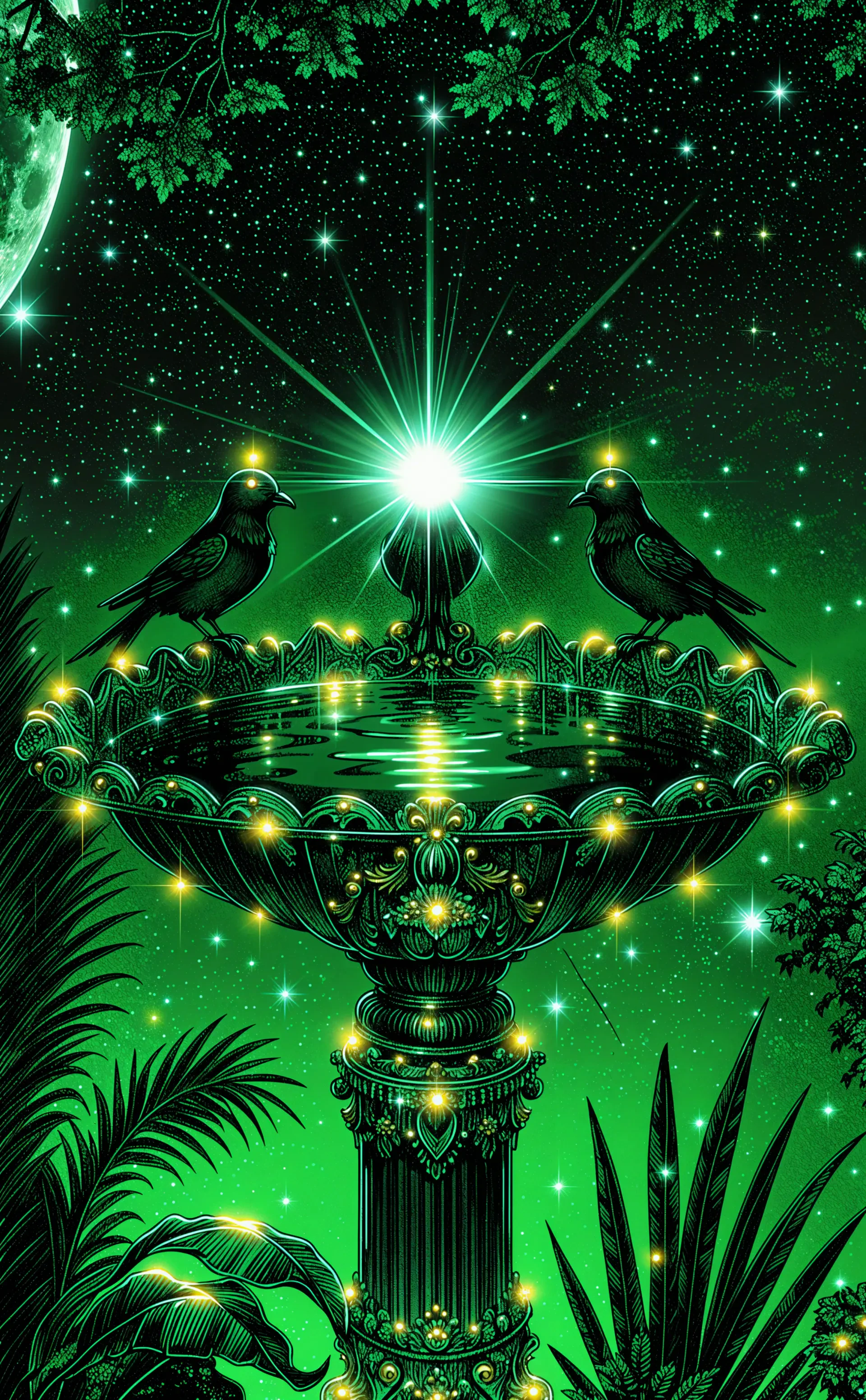 iPhone wallpaper of a glowing green ornate bird bath fountain with two birds perched on the rim, a radiant central star, mirrored water and lush foliage under a starry night.