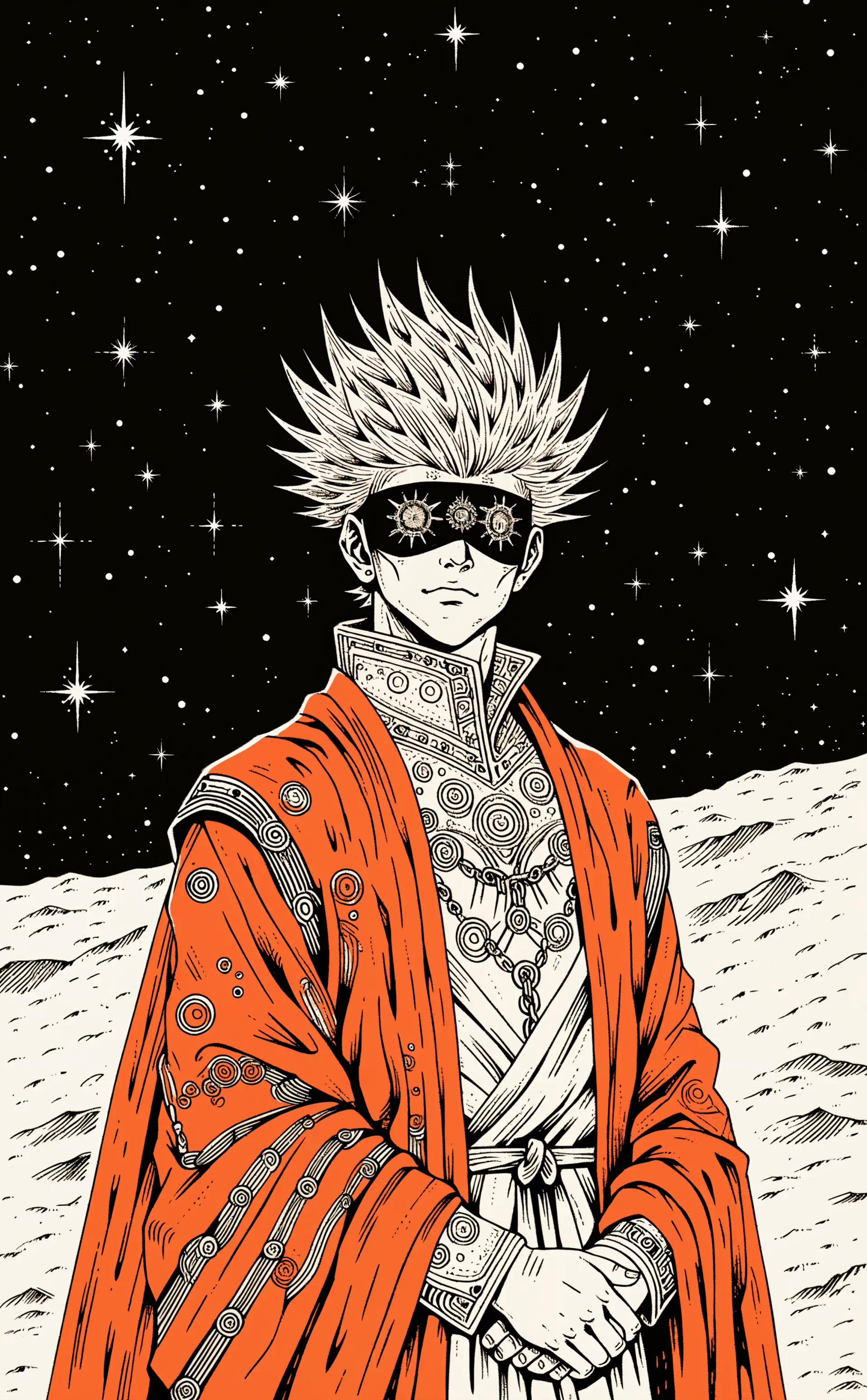 iPhone wallpaper of Satoru Gojo (anime/manga): blindfolded figure in ornate orange robe standing on a moonlit, starry landscape.