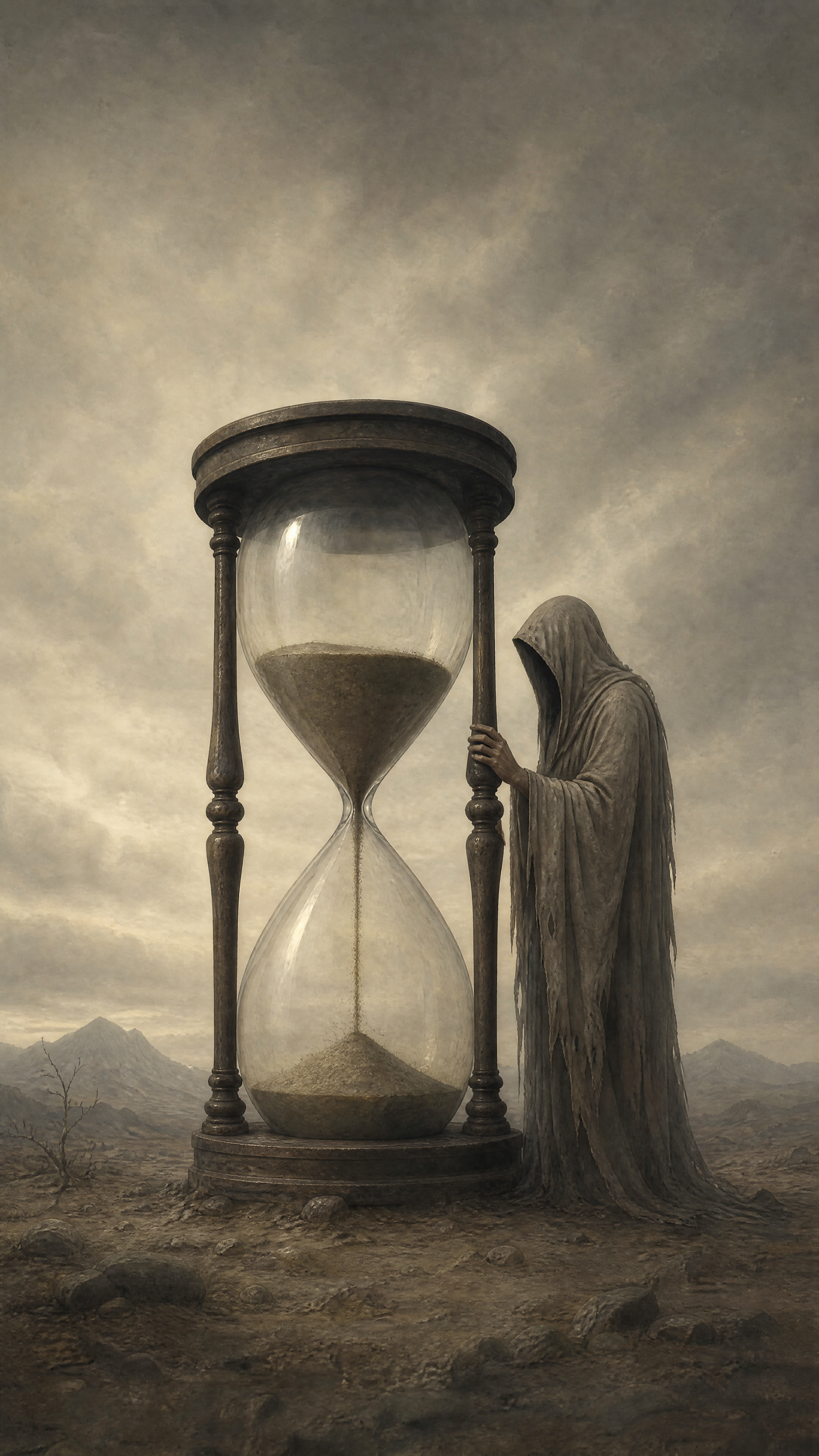 Phone wallpaper showing a hooded grim reaper beside a giant hourglass in a bleak landscape, sand slipping down as time runs out.