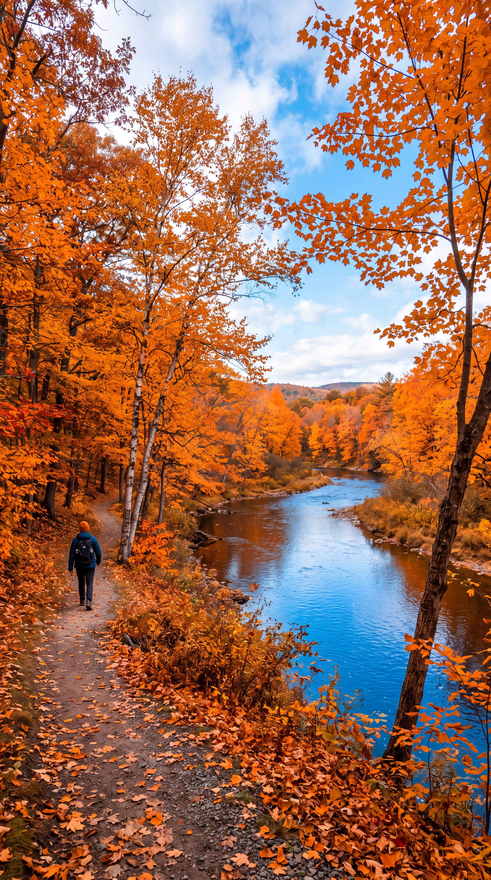 iPhone wallpaper: autumn forest trail along a blue river, orange and gold trees, fallen leaves and a lone walker on the path.