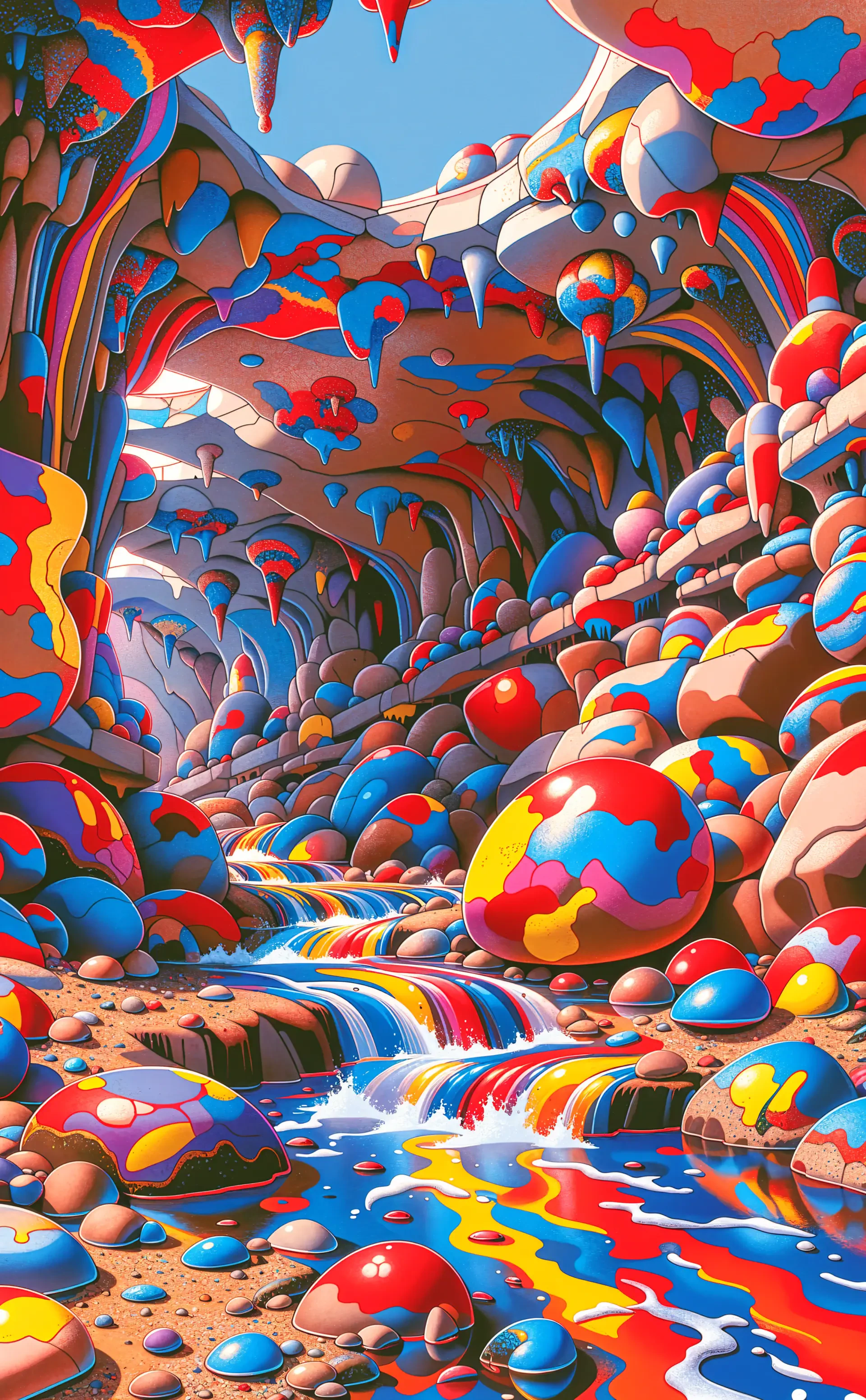 Abstract, colorful cave filled with bulbous formations, a flowing underground river and small waterfall, glossy orbs and vibrant swirls — vertical iPhone wallpaper composition.