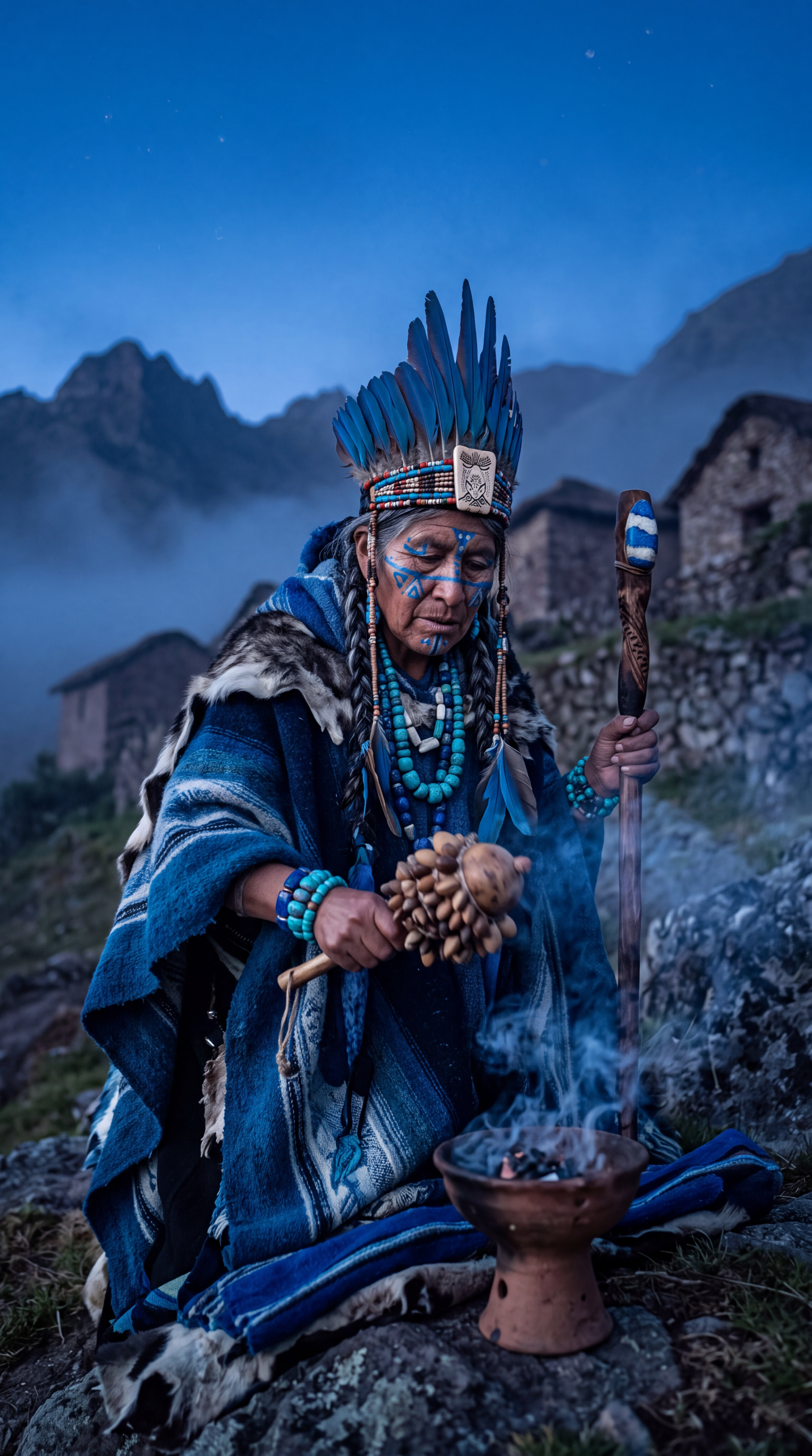 Phone wallpaper of an Indigenous shaman in a blue feathered headdress and beadwork, conducting a smoke ritual amid misty mountain ruins at dusk.
