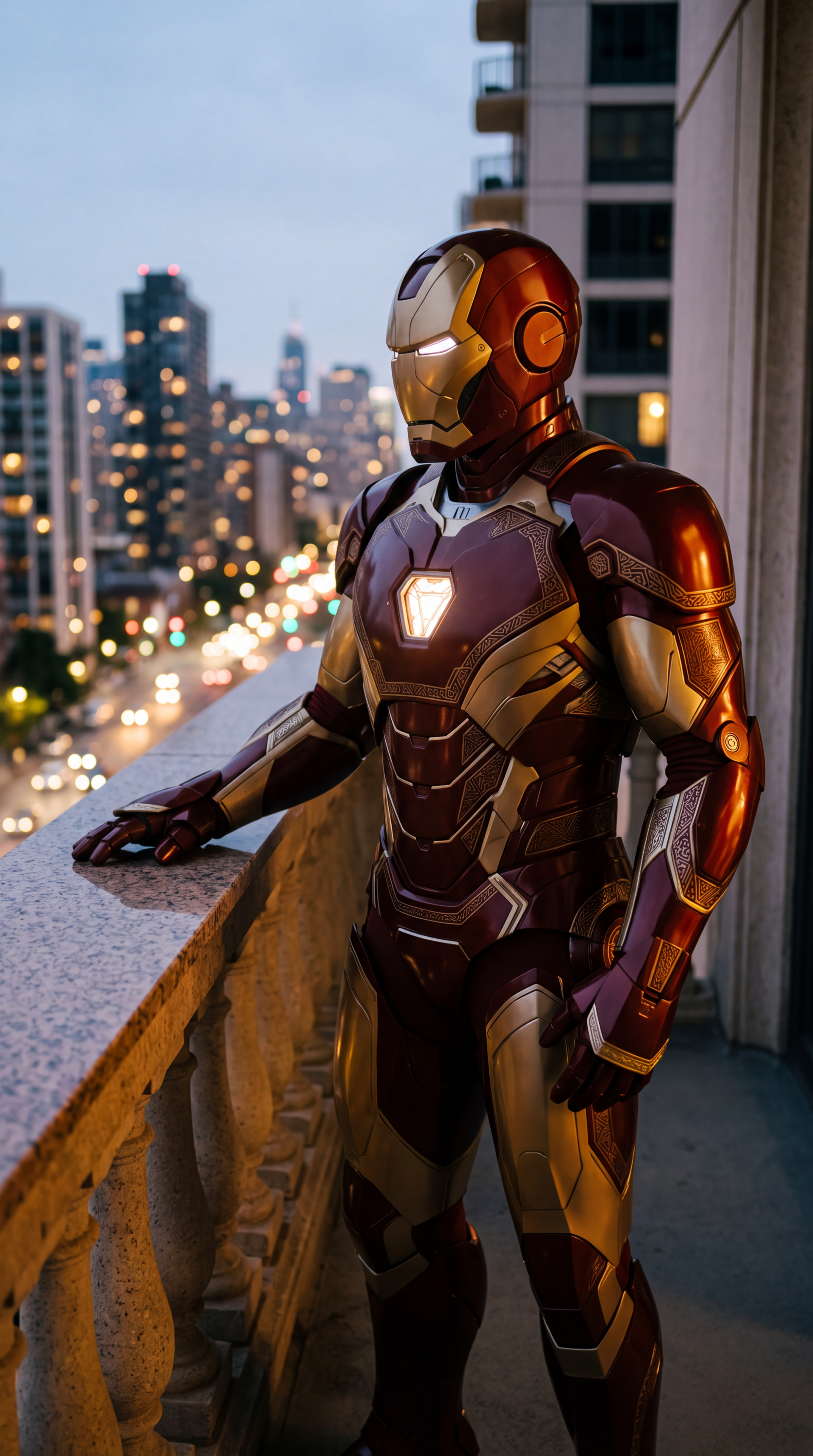 Iron Man superhero in full red-and-gold armor on a city balcony at dusk, arc reactor glowing; vertical phone/iPhone wallpaper.