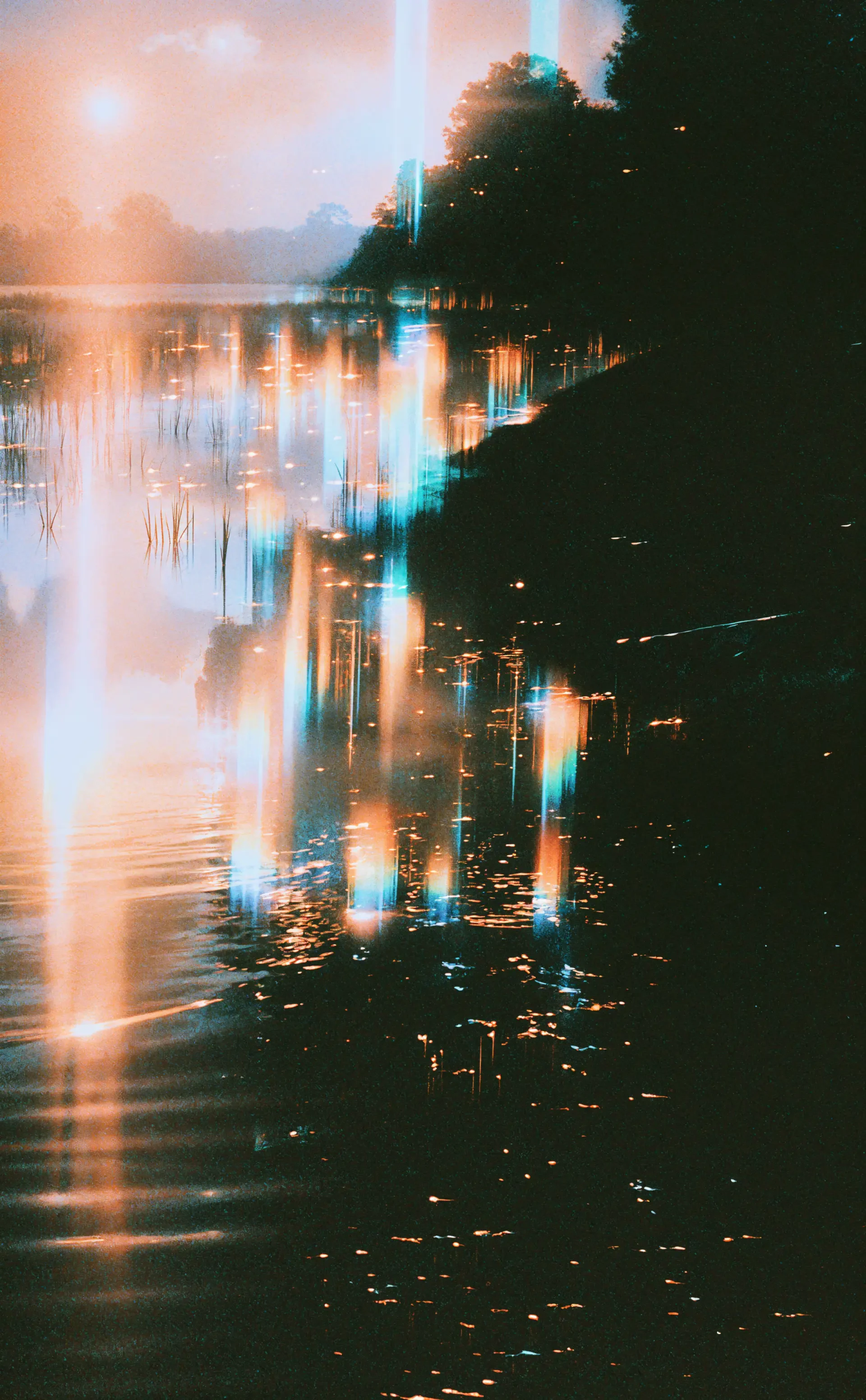 Vertical iPhone wallpaper of a marshy lakeshore at dusk: silhouetted trees and reeds with warm orange and cool teal light streaks reflecting along rippling water.
