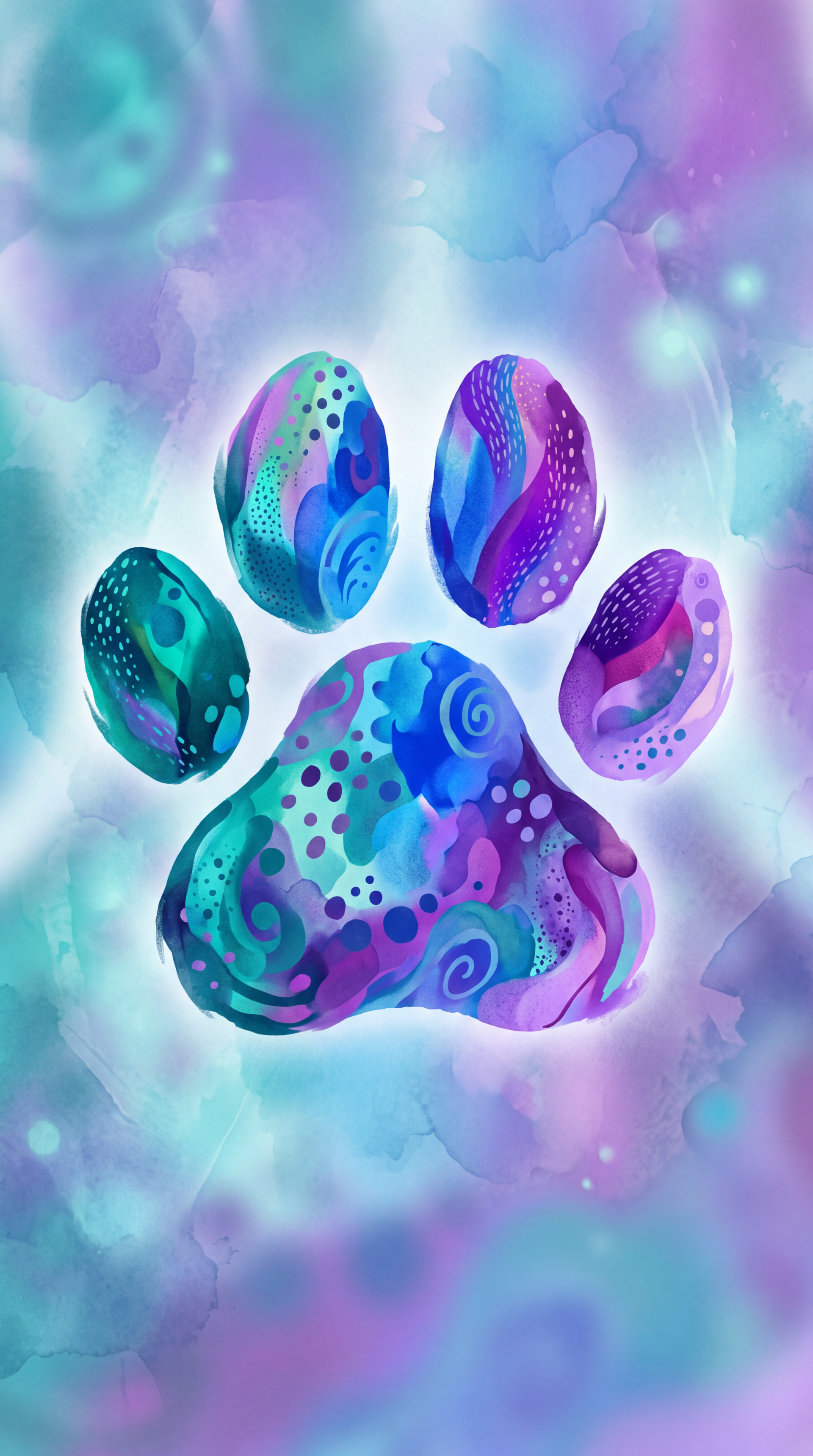 Abstract iPhone wallpaper: a vibrant paw print formed of patterned stone-like pebbles in teal, purple and aqua swirls against a soft watercolor background.