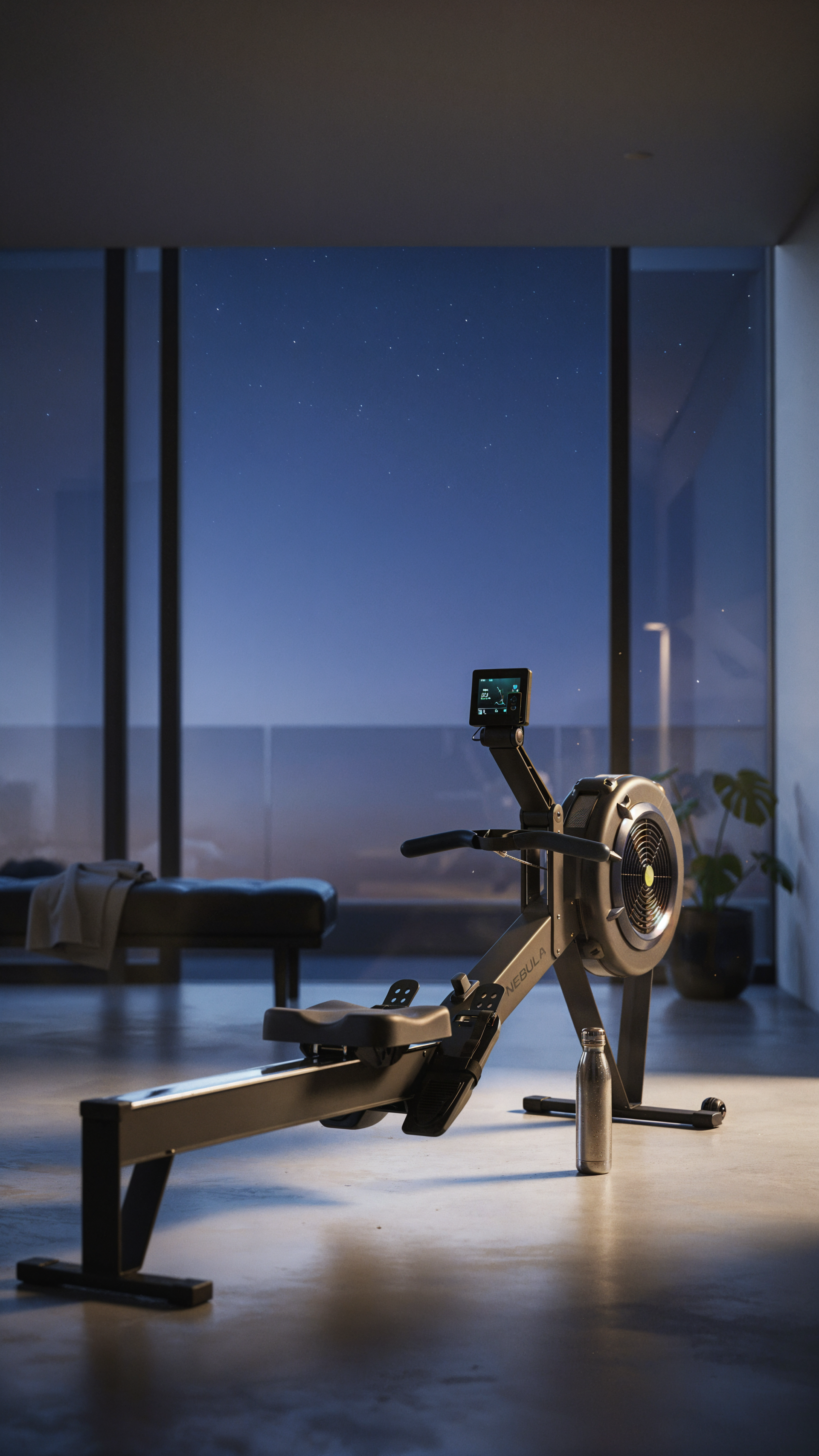 iPhone wallpaper of a sleek rowing machine in a modern home gym at dusk, an exercise machine and fitness equipment framed by floor-to-ceiling windows.