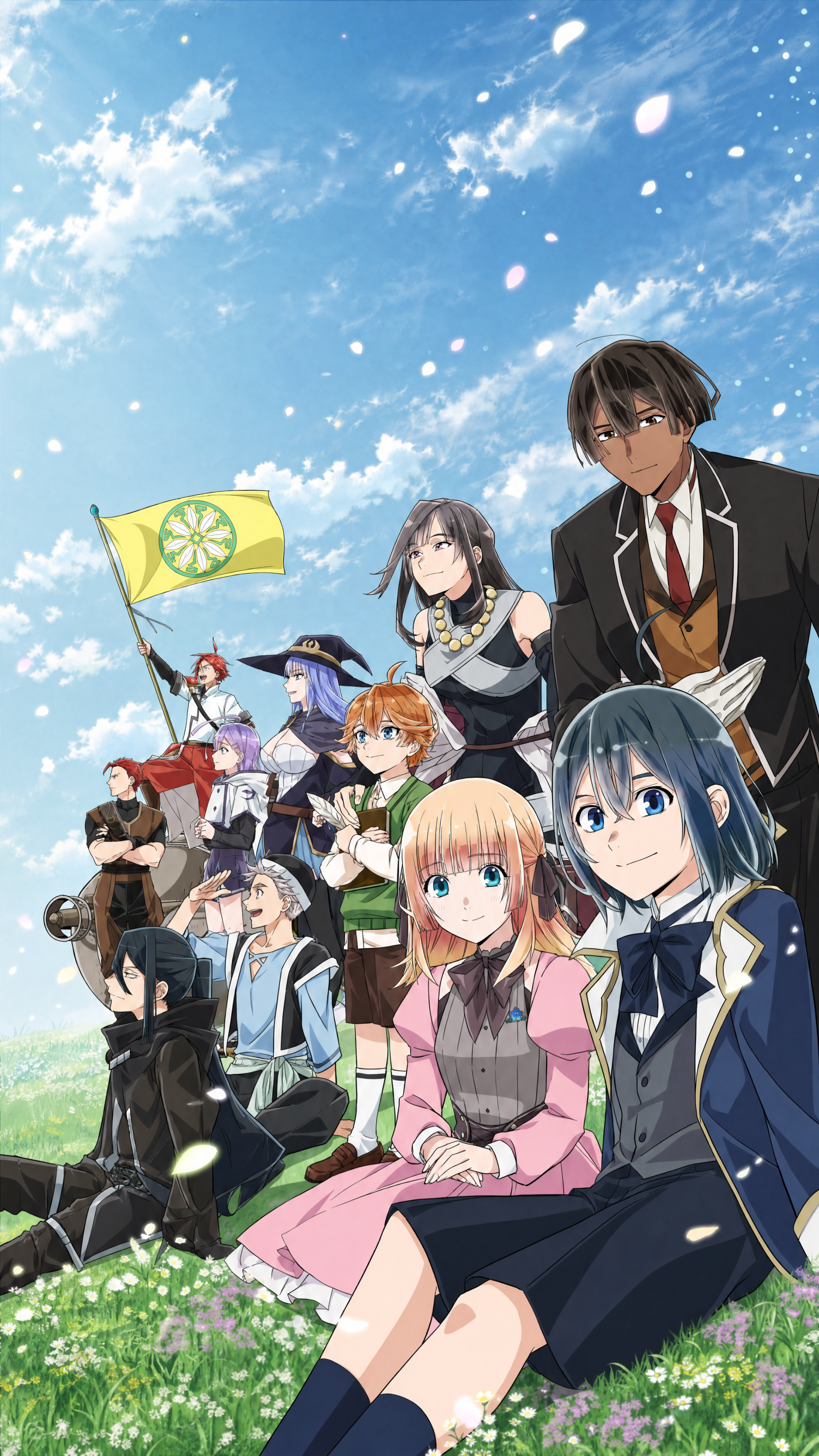 iPhone wallpaper of Ars Louvent from As a Reincarnated Aristocrat: anime group posed on a sunny meadow under a blue sky, petals drifting, characters in school and fantasy attire.