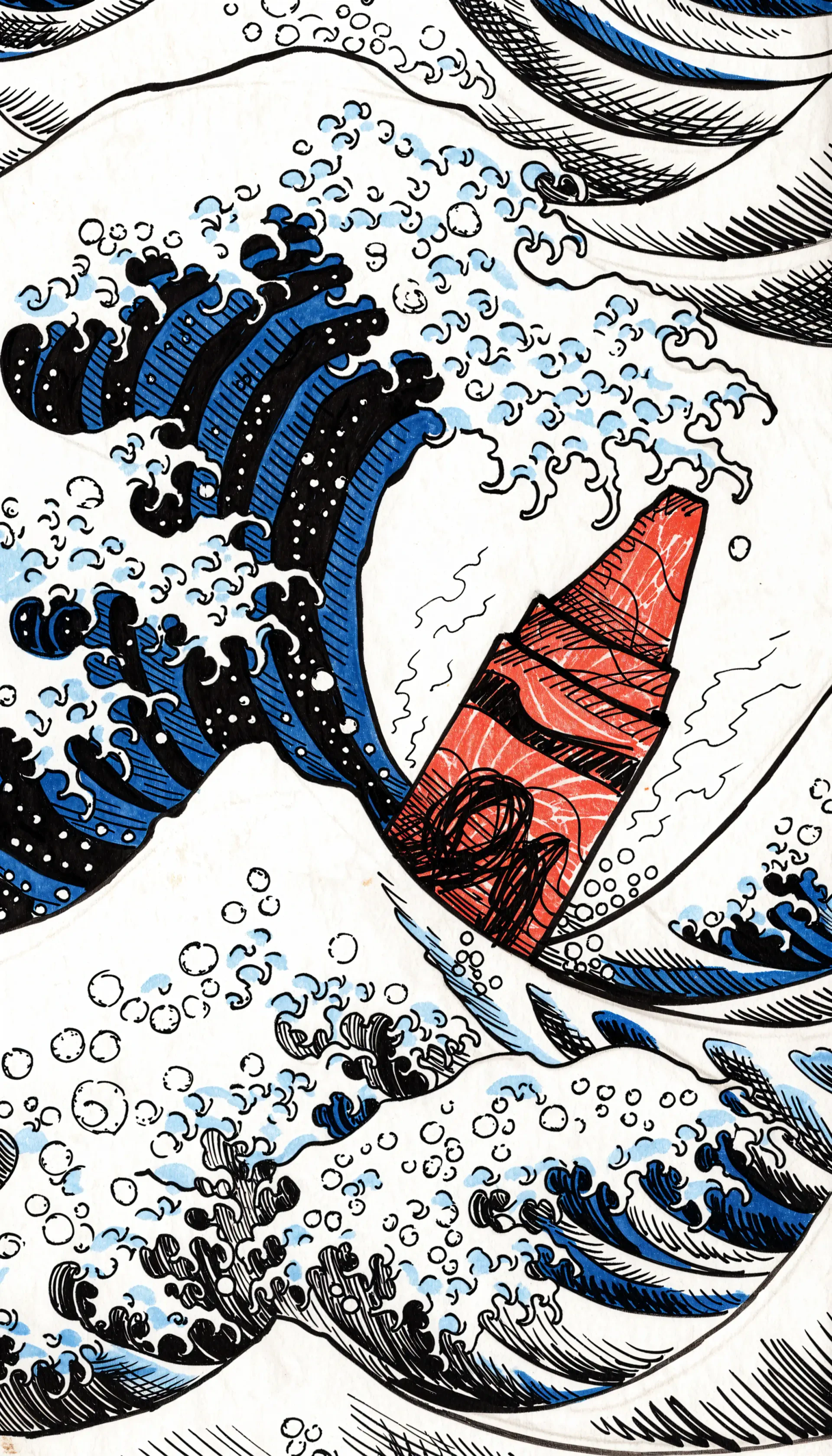 Crayon-drawn iPhone wallpaper of a red sailboat riding stylized blue ocean waves with foamy white spray.