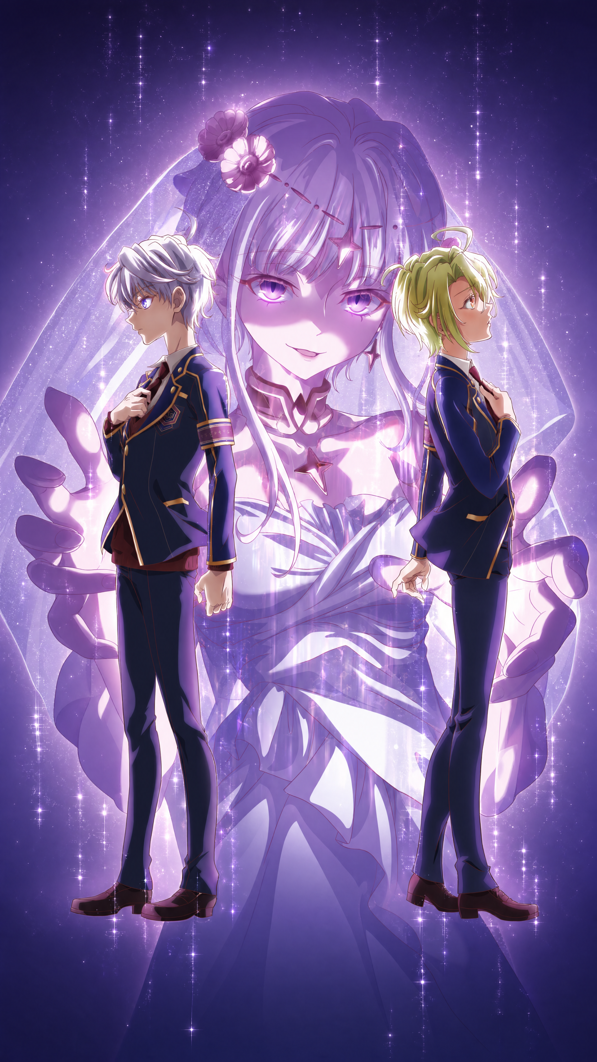 Phone wallpaper of The World's Finest Assassin showing Lugh Tuatha Dé: two back-to-back figures in school uniform before a glowing purple ethereal portrait.