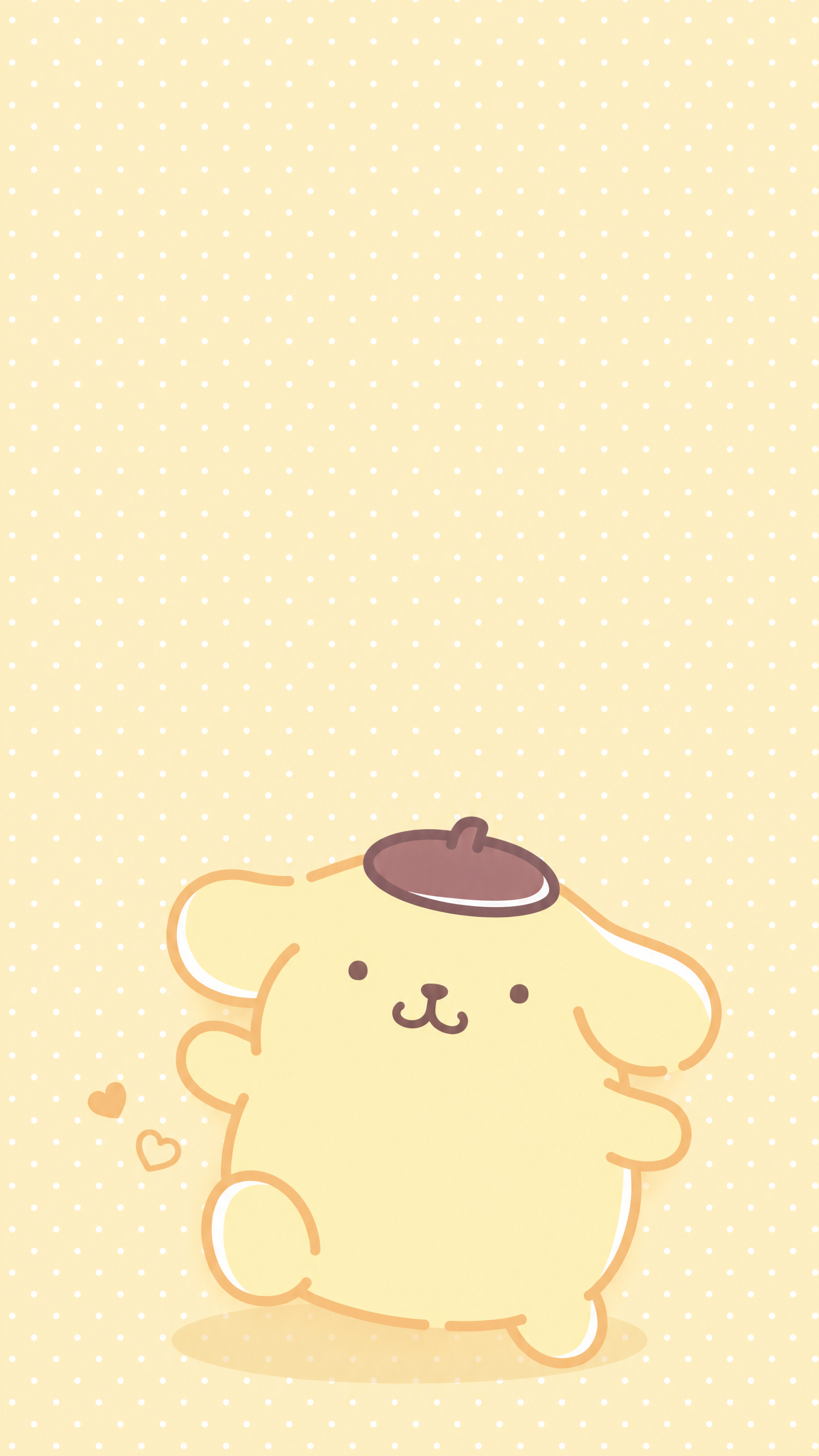 Cute Pompompurin Sanrio cartoon dog on a pale yellow polka-dot iPhone wallpaper, wearing an acorn beret and surrounded by tiny hearts.