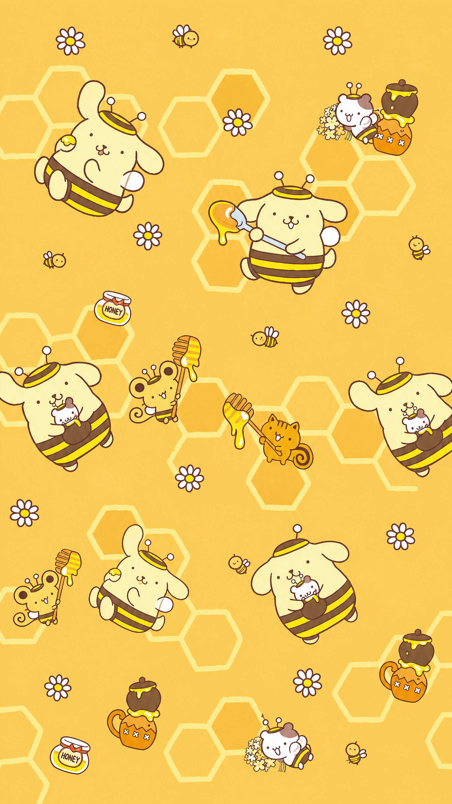 Sanrio Pompompurin iPhone wallpaper: Pompompurin in bee costumes with honey pots, honeycombs, flowers and tiny bees on a warm yellow repeating pattern.