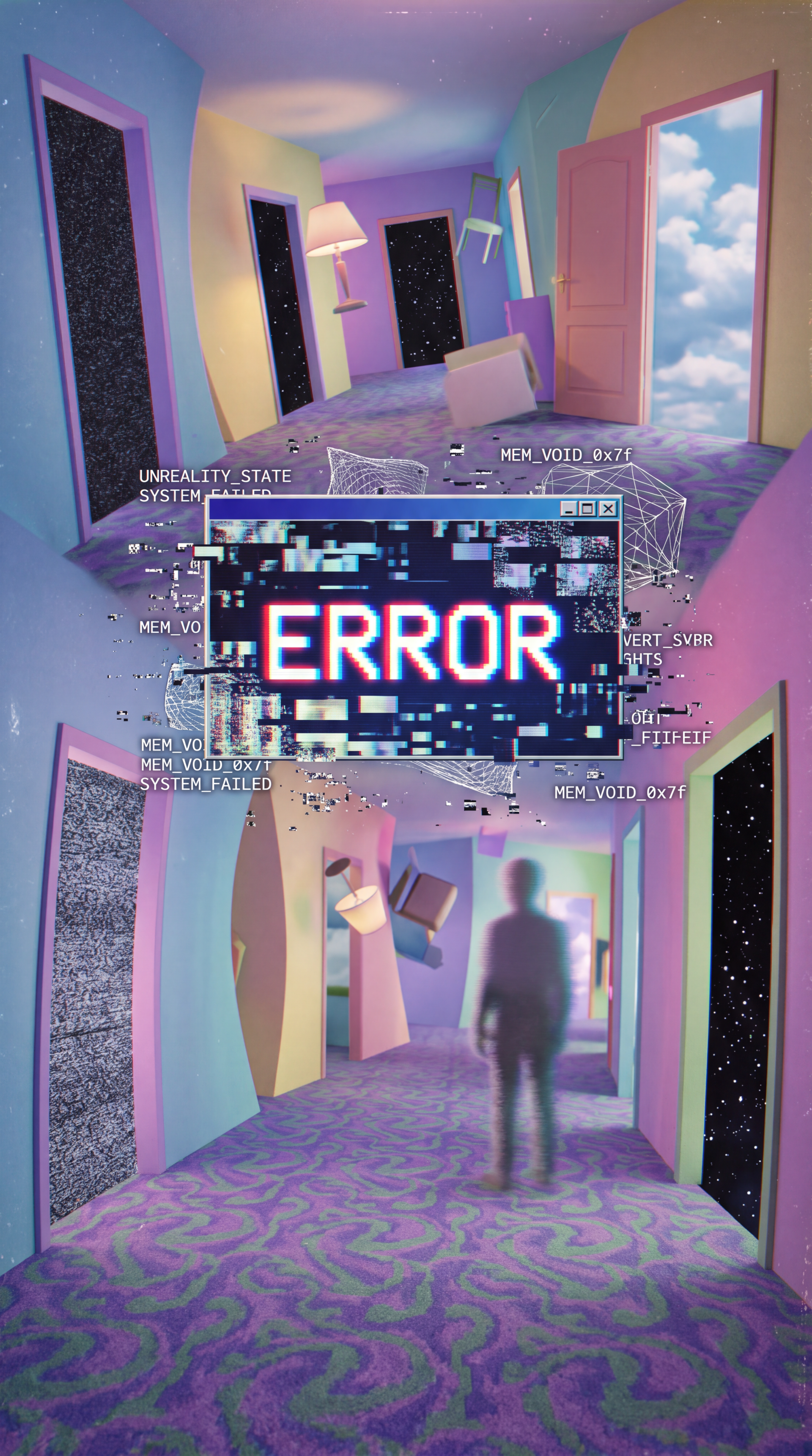 Surreal glitch hallway iPhone wallpaper: pastel corridors, floating furniture and starry doorways, with a pixelated ERROR banner over a blurred silhouetted figure.