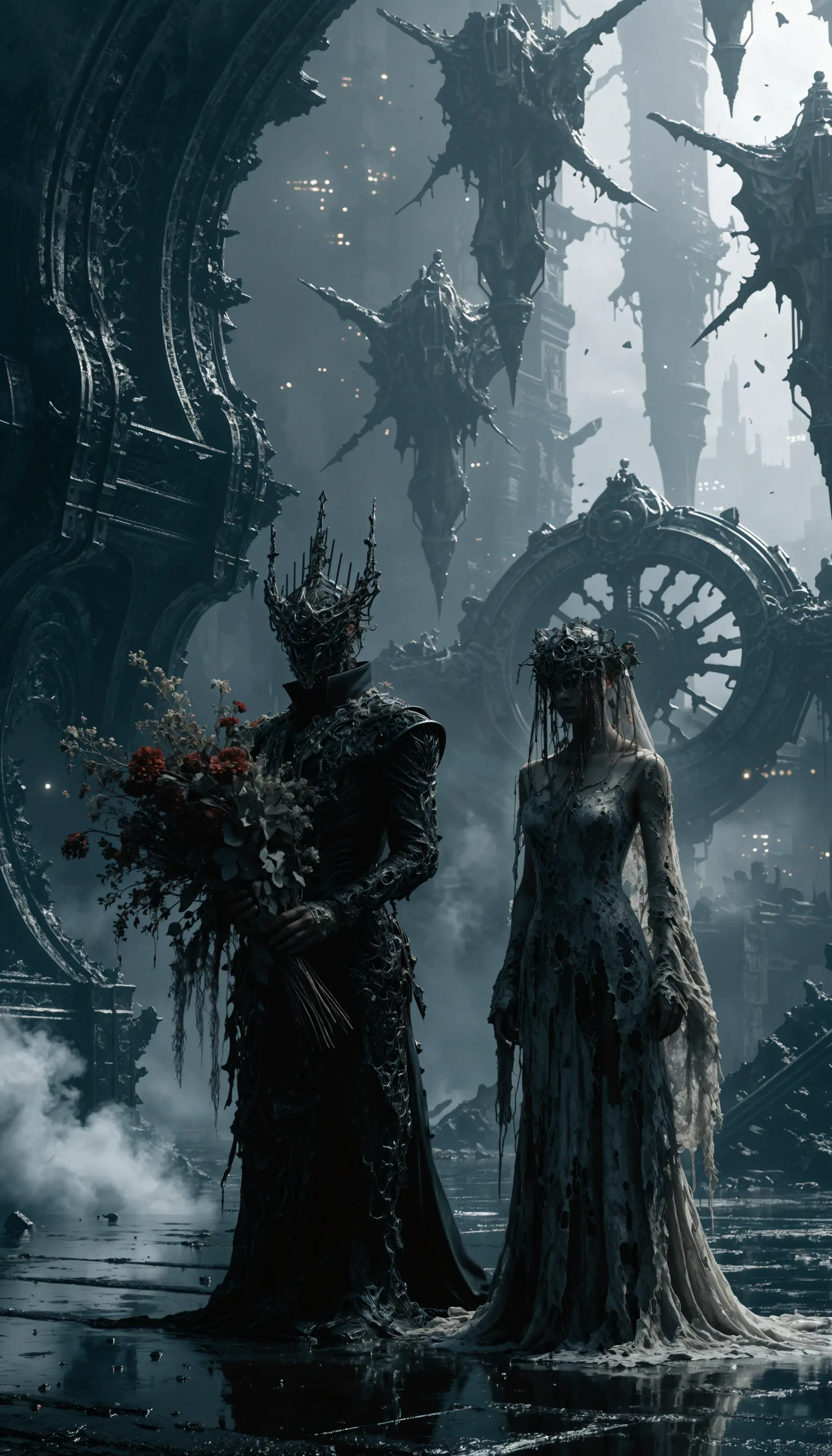 Gothic phone wallpaper: a crowned king and veiled bride at a dark wedding in a ruined cathedral, holding a blood-red bouquet amid mist and looming spired statues.