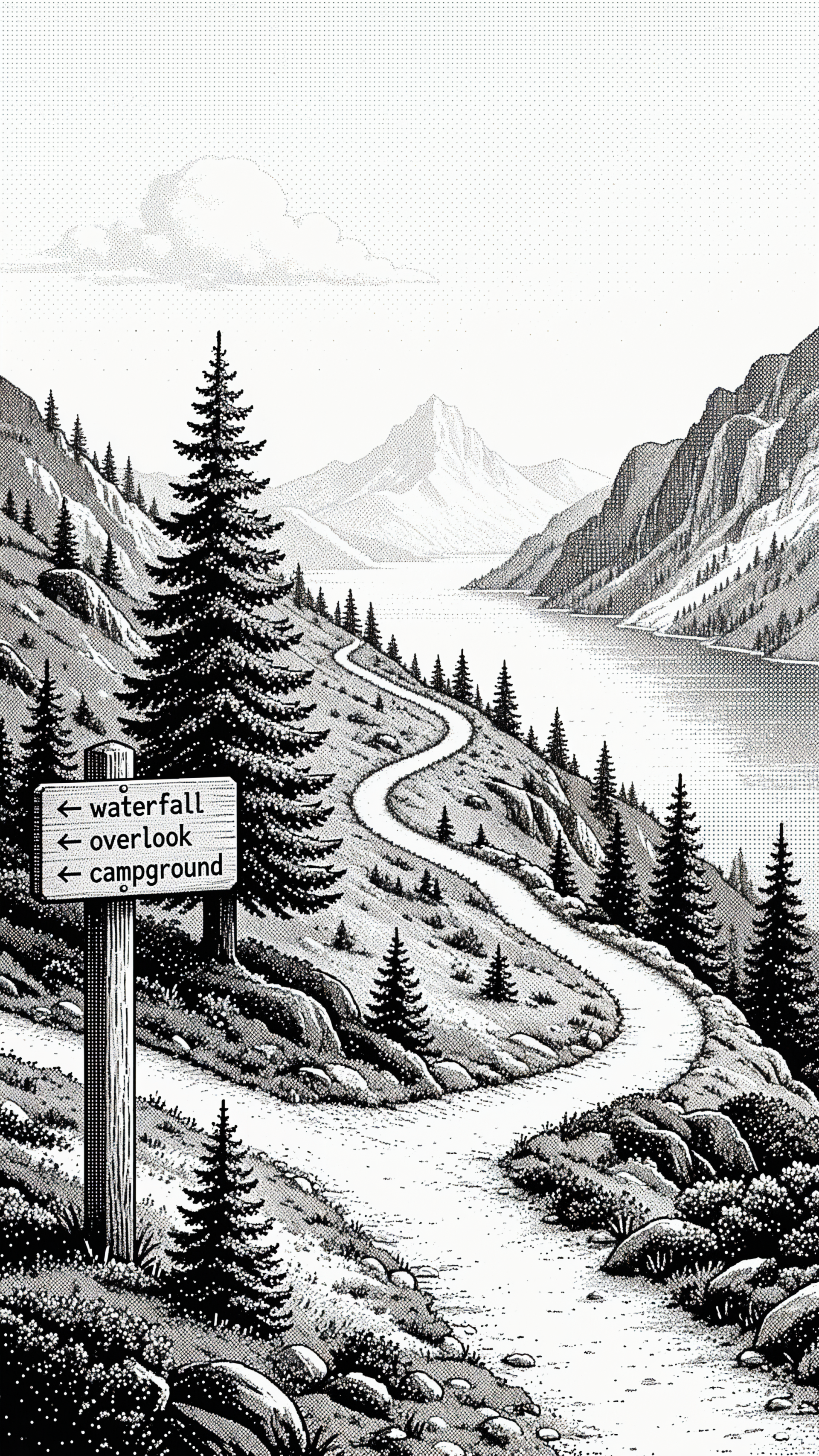iPhone wallpaper: monochrome hiking trail winding beside a mountain lake, pine trees and a signpost pointing to waterfall, overlook, and campground.