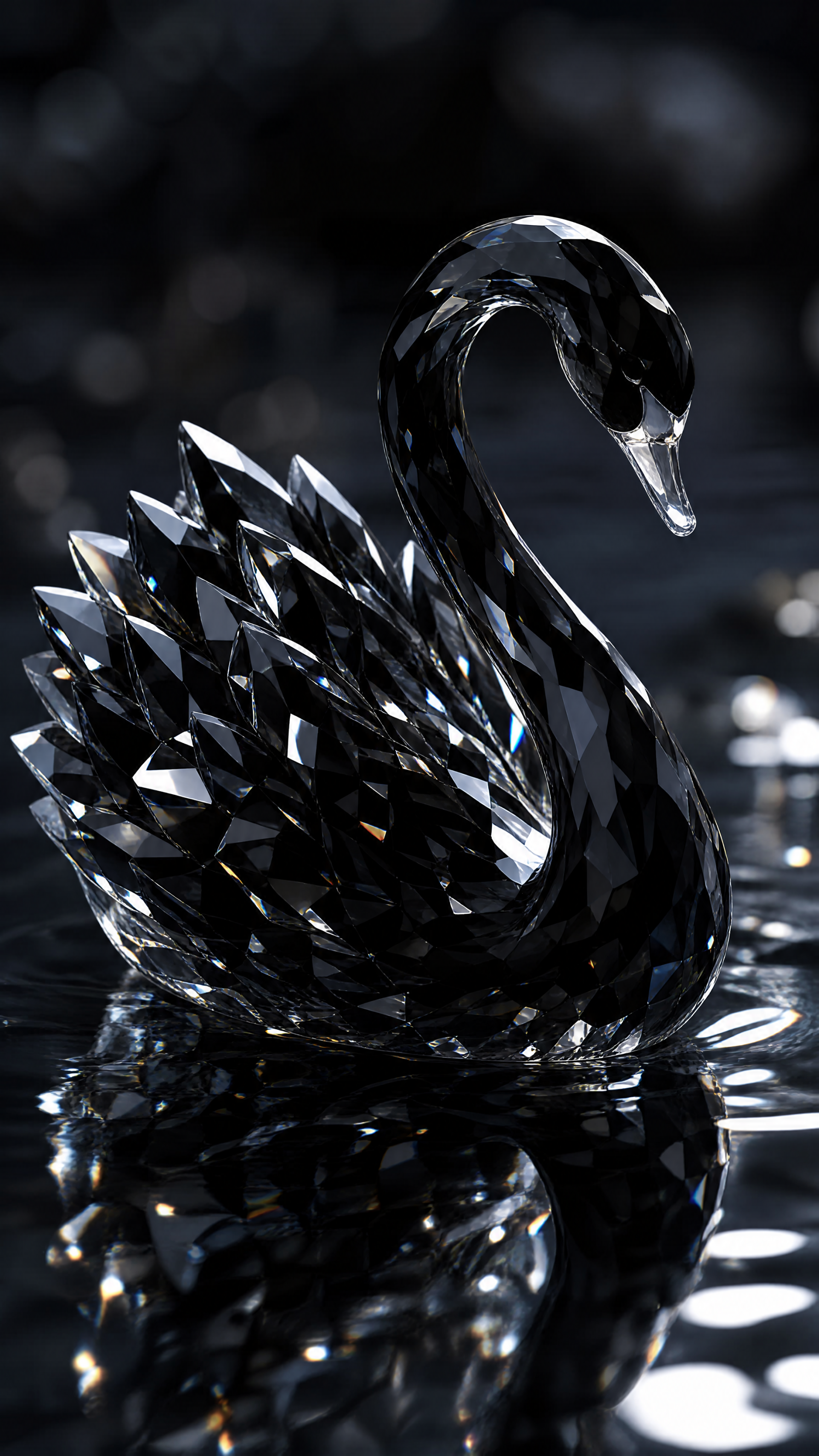Portrait phone wallpaper of a black swan sculpture — a faceted crystal swan glistening on dark water with mirrored reflection and sharp, jewel-like feathers.