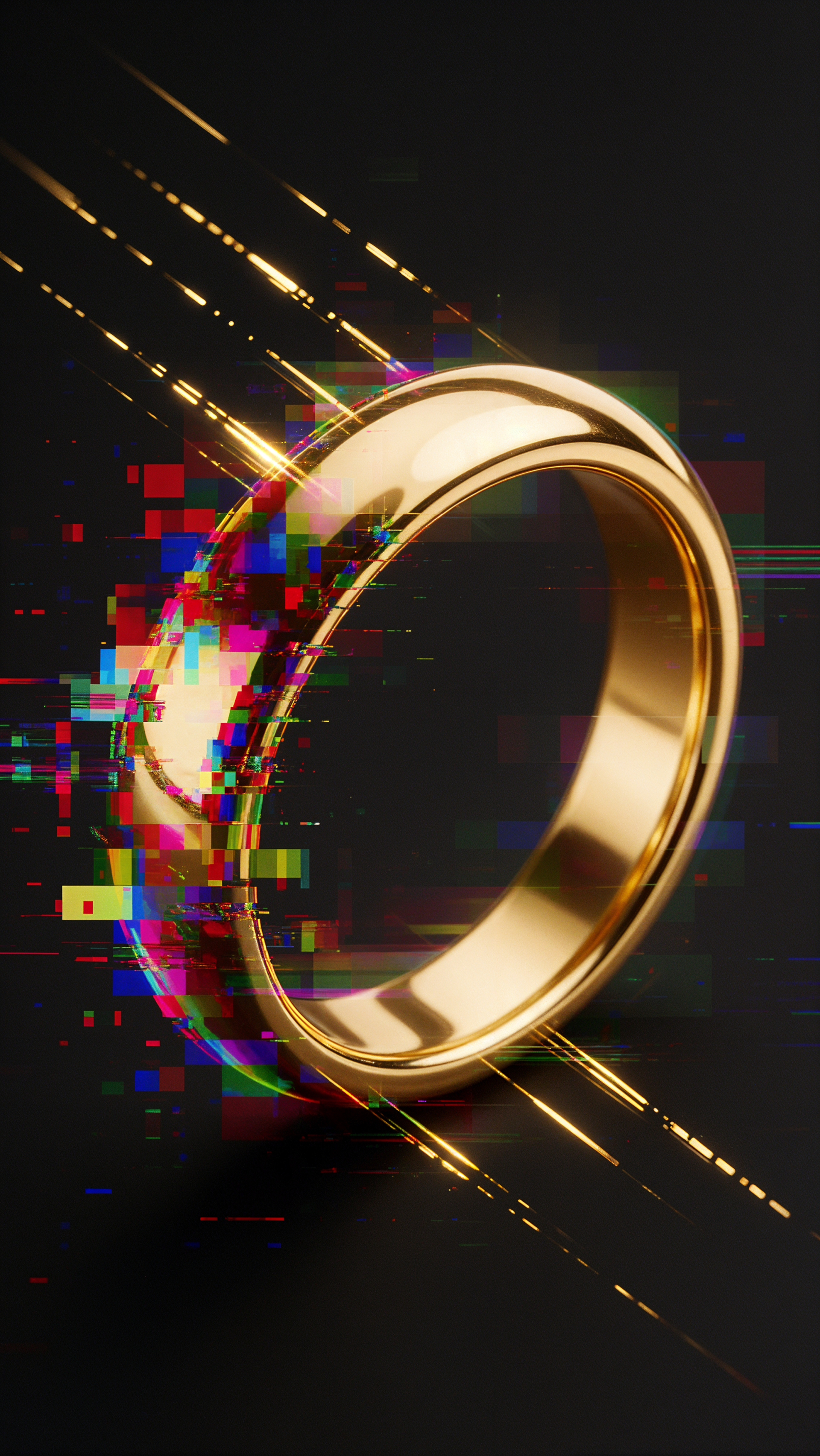 iPhone wallpaper of a polished gold ring jewelry floating against a dark background, accented by colorful glitch, pixel blocks and diagonal light streaks.