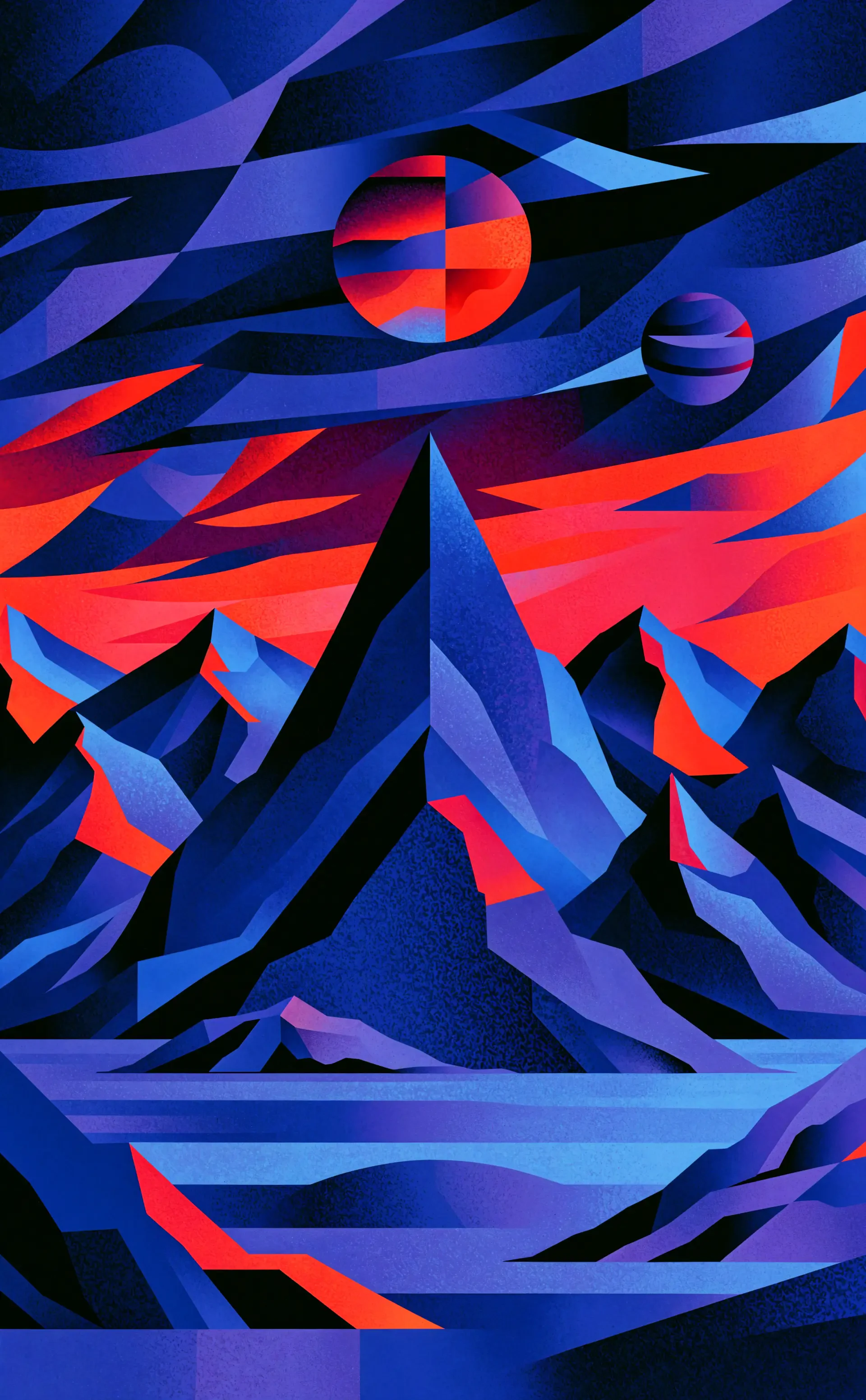 Abstract planetscape iPhone wallpaper: geometric mountains in vivid blues and reds beneath two striped planets.